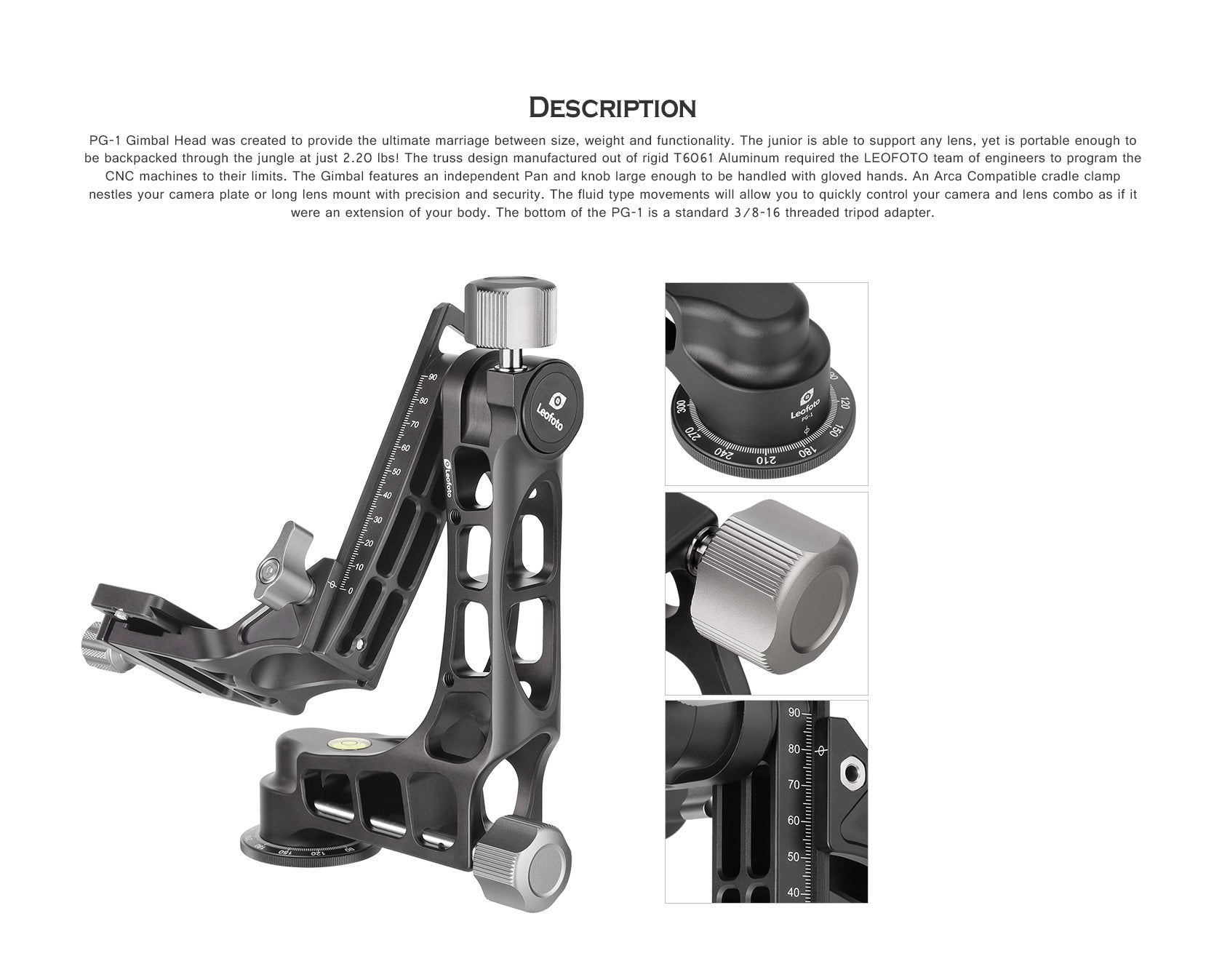 Leofoto PG-1 Lightweight Gimbal Tripod Head w/ Plate & Bag (Black/Camo)