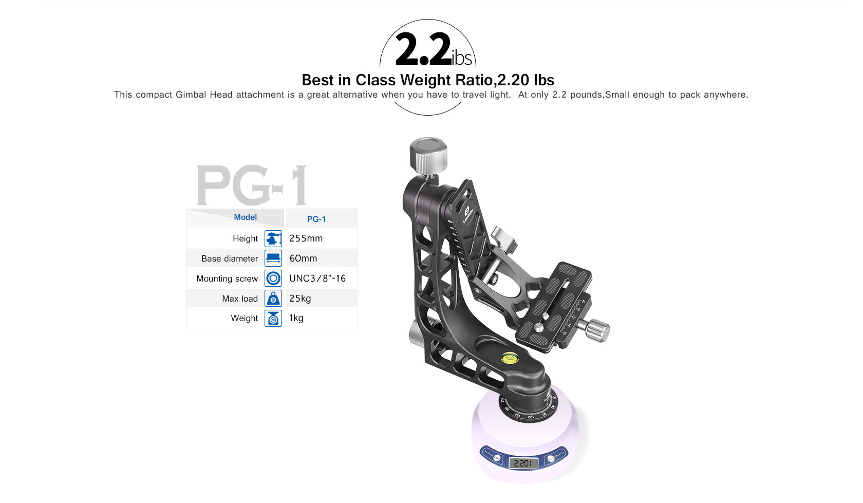 Leofoto PG-1 + LB-65 Lightweight Heavy Duty Gimbal Tripod Head & 65mm Leveling Base Combo