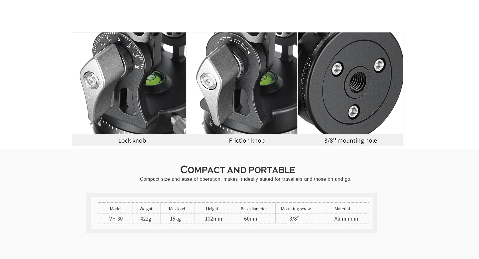 Leofoto VH-30 / VH-30N Two-Way Telephoto Lens Head | Arca-Compatible Screw-Knob Clamp