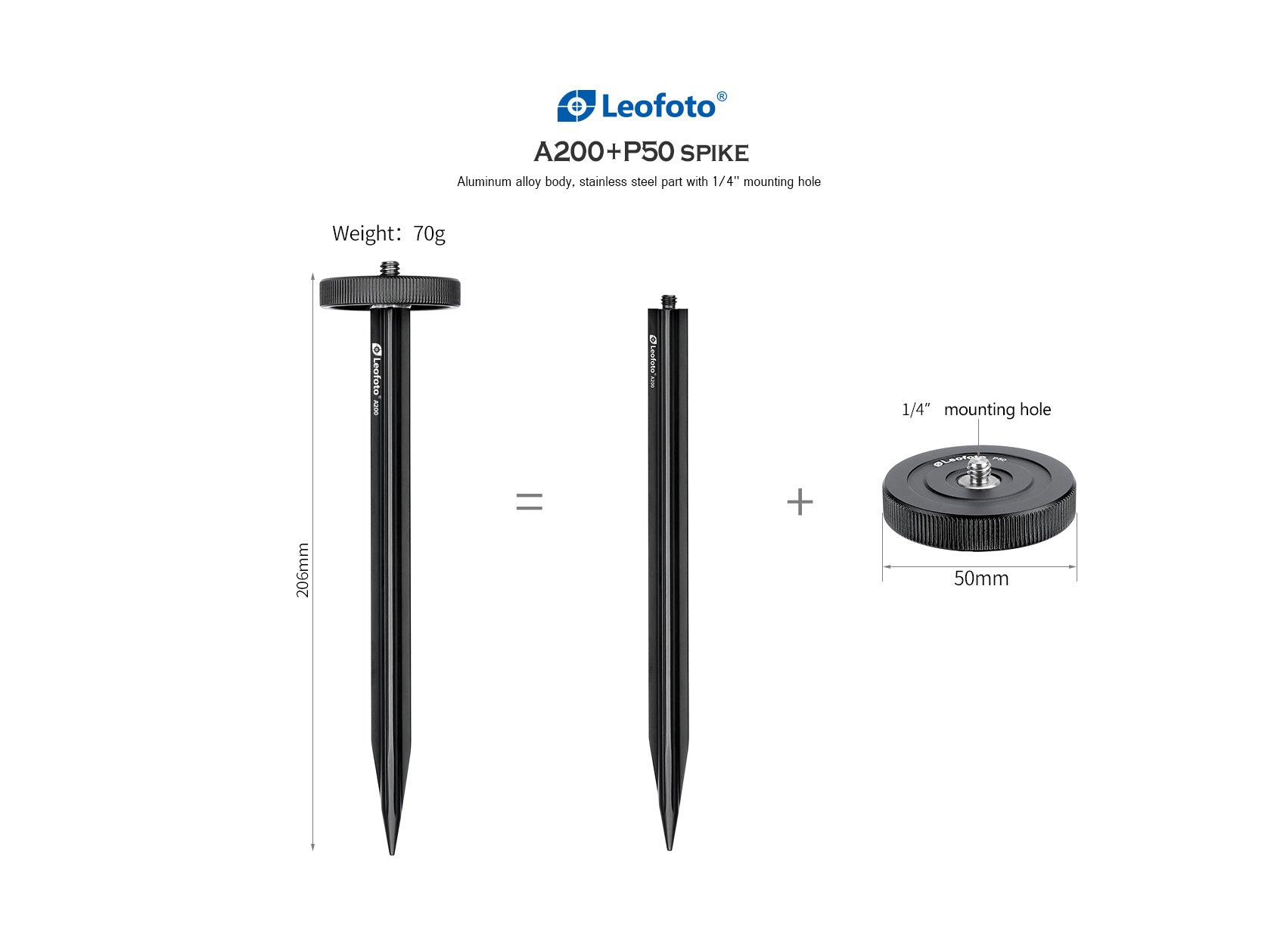Leofoto A200+P50 8" Ground Mount Spike with 1/4" Screw