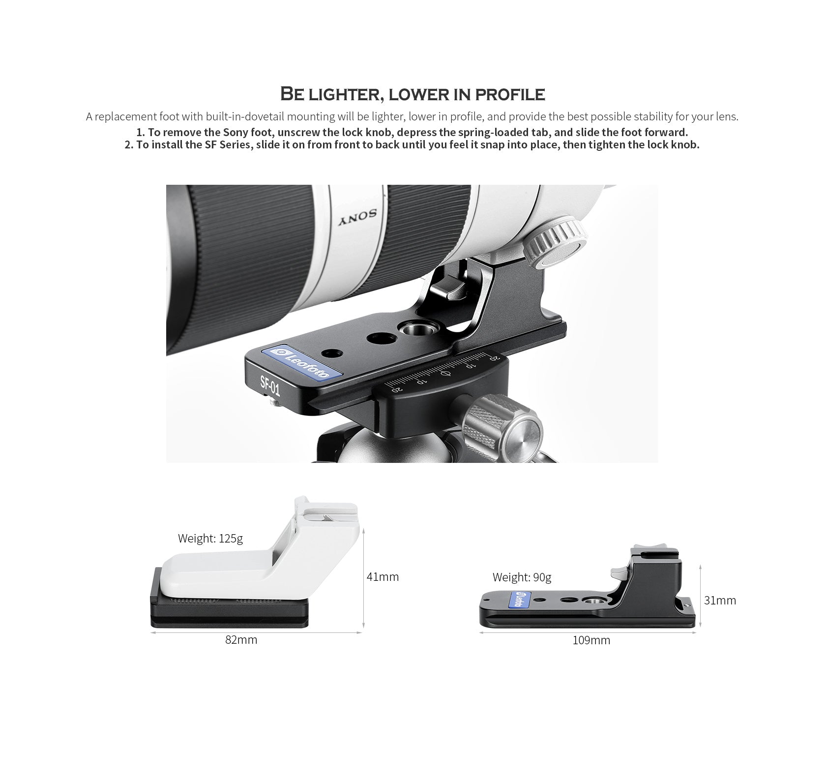 Leofoto SF-01 Replacement Lens Foot for SONY FE 70-200mm F/2.8 GM I&II, FE 100-400mm F/4.5-5.6 GM & FE 300mm F2.8 GM, FE 300mm F/2.8 GM OSS, FE 50-150mm F2 GM