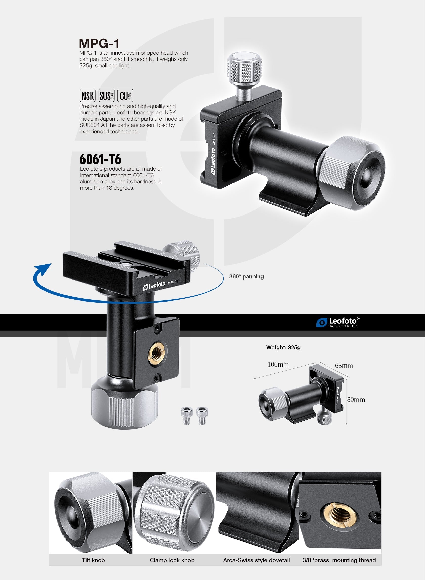 Leofoto MPG-01 Series Monopod Head Side Mount | 360° Tilting