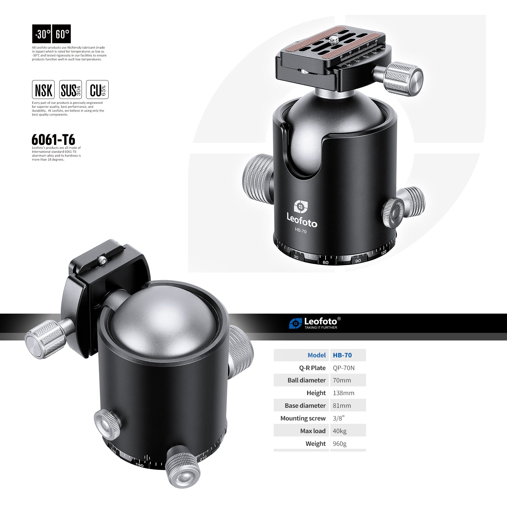 Leofoto HB-70 70mm Pro Heavy-Duty Ball Head with Quick Release Plate & Case | Max Load 88lb