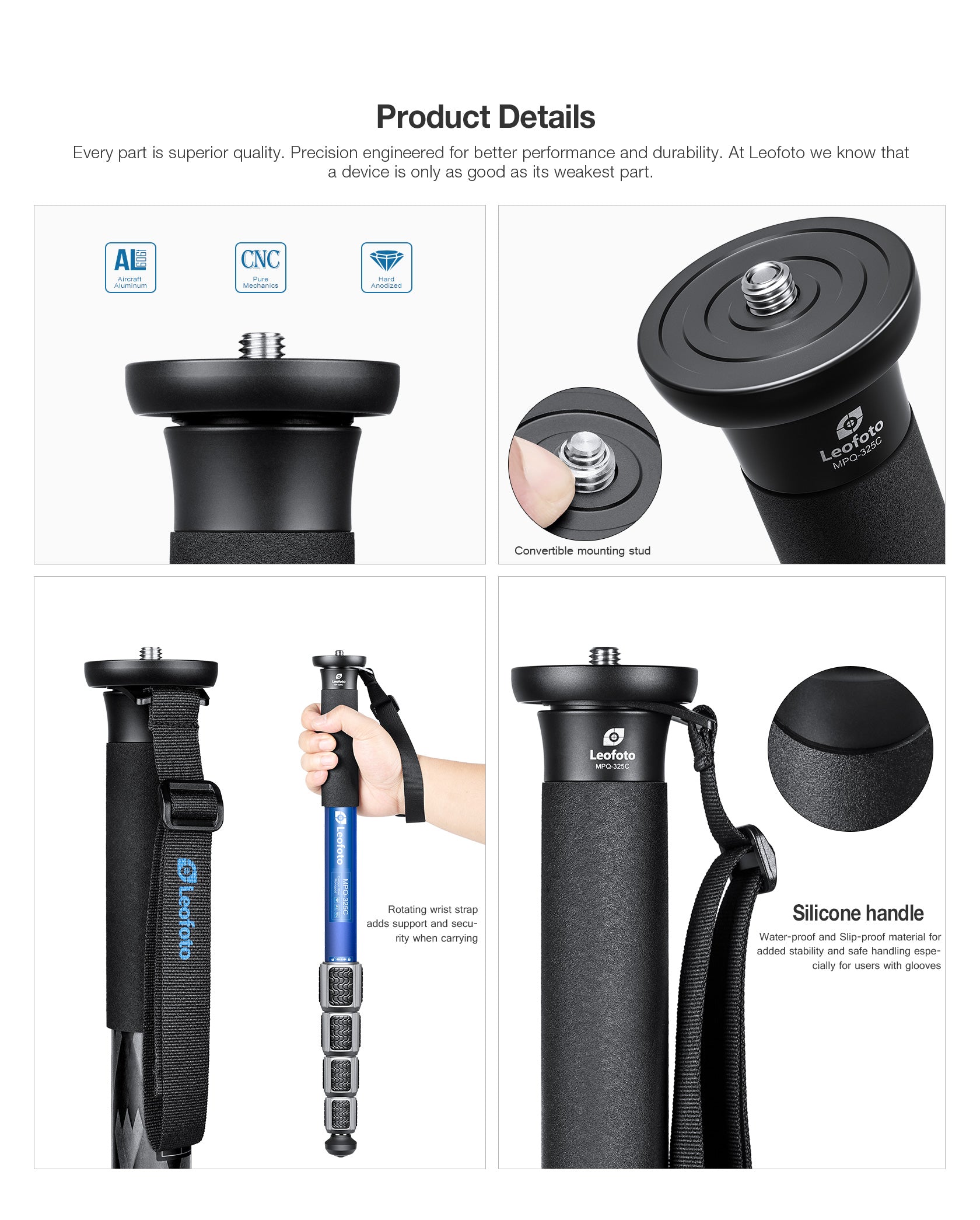 Leofoto MPQ-325C Premium Carbon Fiber Monopod Kit | SC-70 Replacement Foot | CHG-01 Carbon Fiber Knob Handle