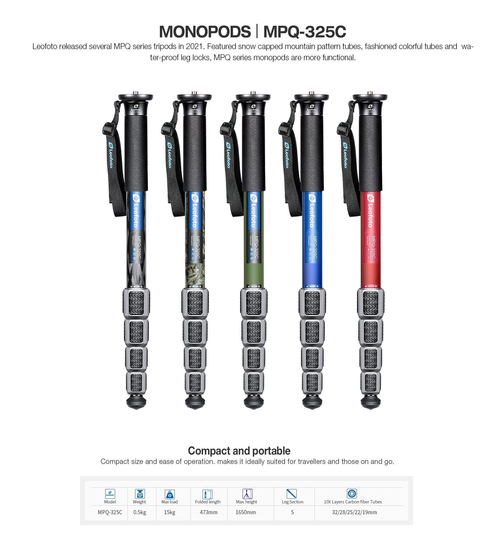 Leofoto MPQ-325C Premium Carbon Fiber Monopod with Case | Water-Resistant Legs