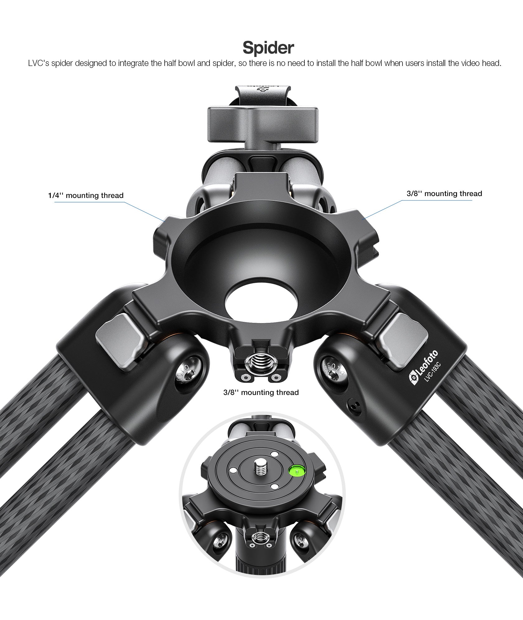 Leofoto LVC-193C+BV-10 Dual-Tube Video Tripod with Fluid Head Set | 75mm Integrated Bowl with Leveling Base and Handle