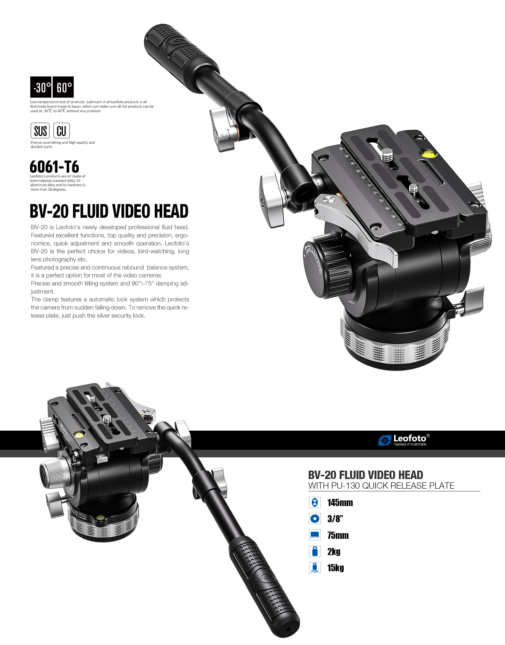 Leofoto LVC-253C+BV-20 (Lever-Release Clamp) Dual-Tube Video Tripod with Fluid Head Set | 75mm Integrated Bowl with Leveling Base and Handle