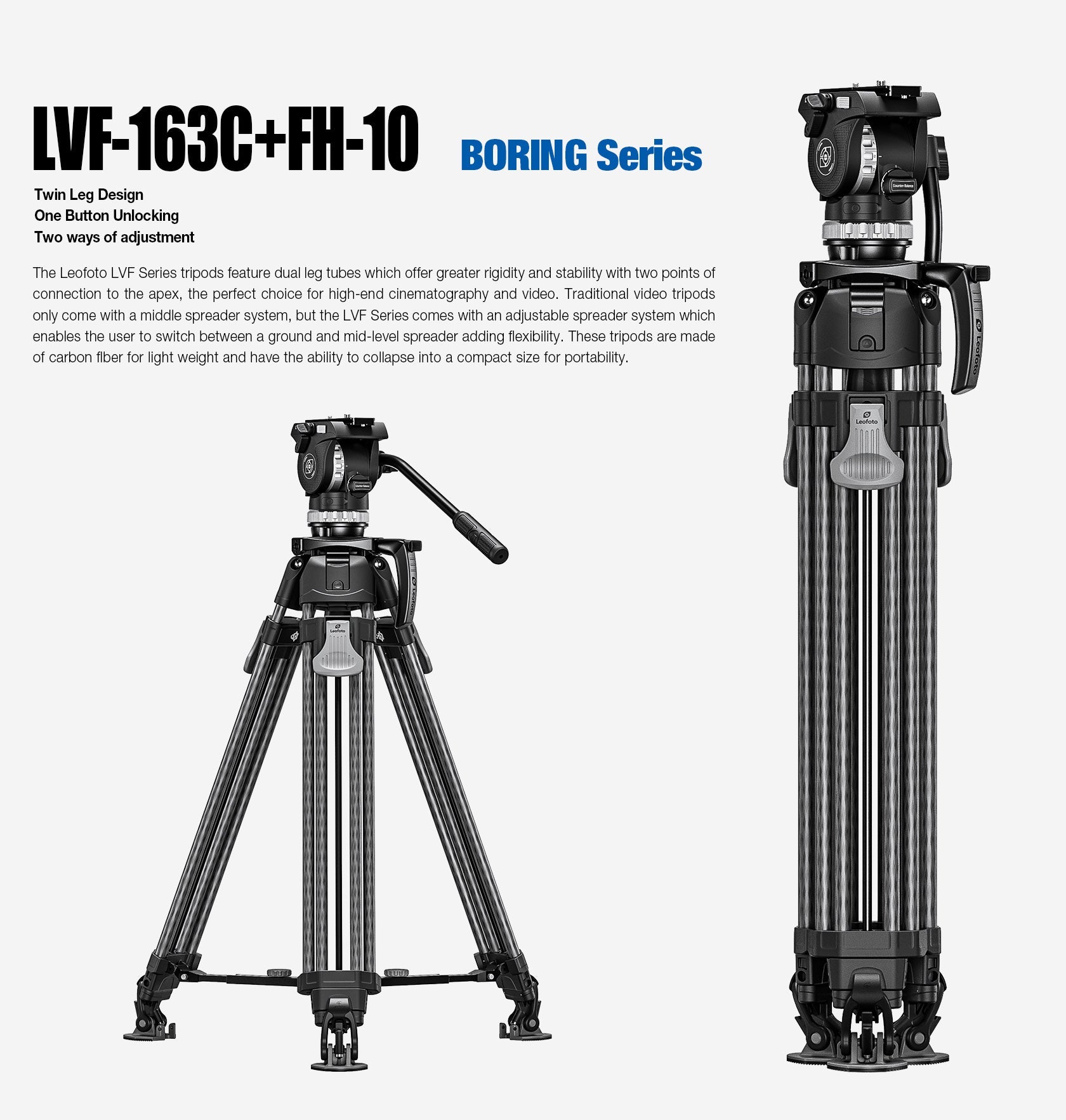Leofoto LVF-163C+FH-10 Video Tripod and Fluid Head Set – 75mm Half-Ball – Stepped Counterbalance and Stepped Drag Controls