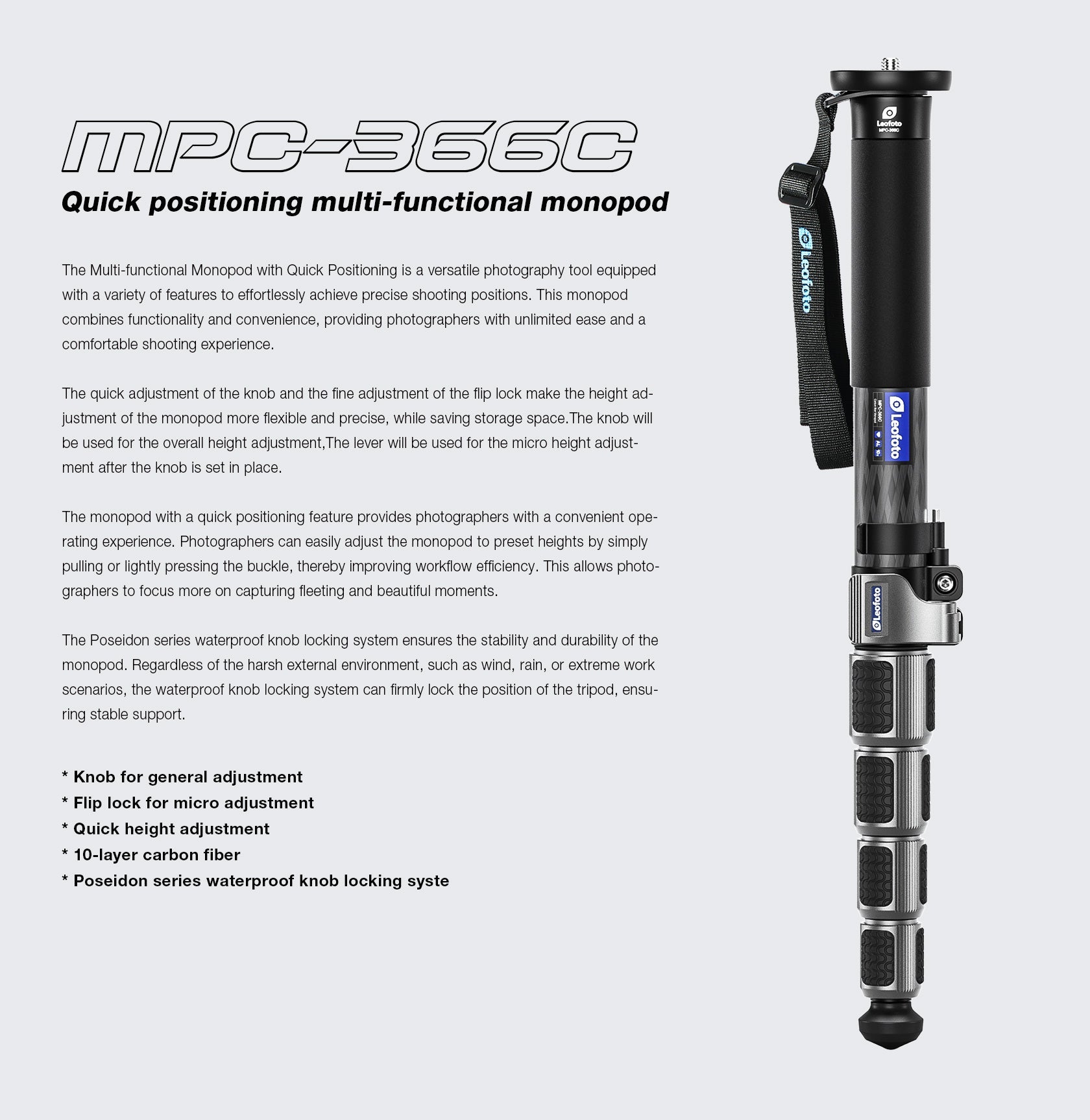 Leofoto MPC Series Quick Positioning Multi-Functional Monopod | Water-Resistant