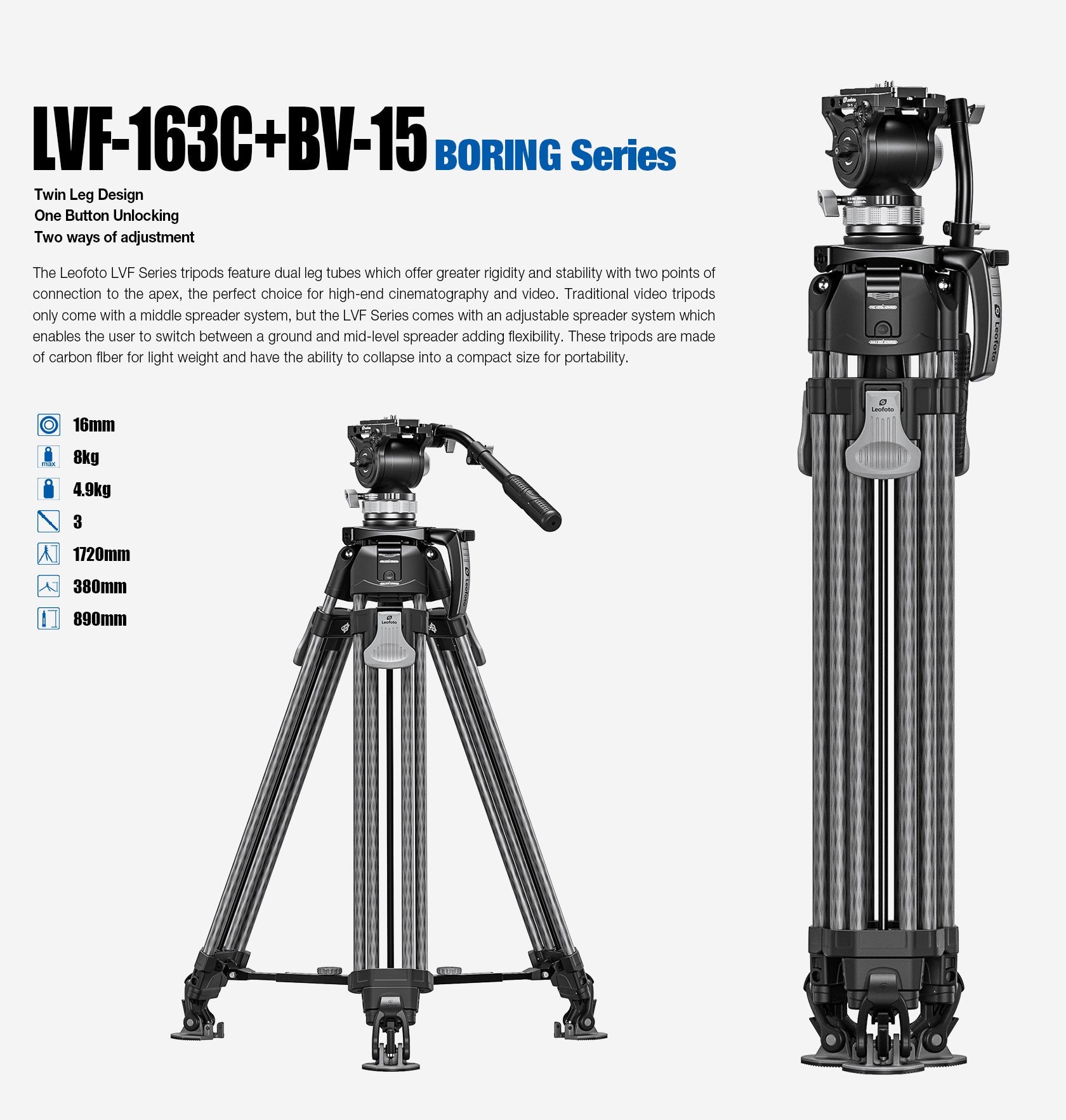 Leofoto LVF-163C+BV Video Tripod and Fluid Head Set – Flat Base 3/8" – Stepless Pan and Tilt Drag Controls