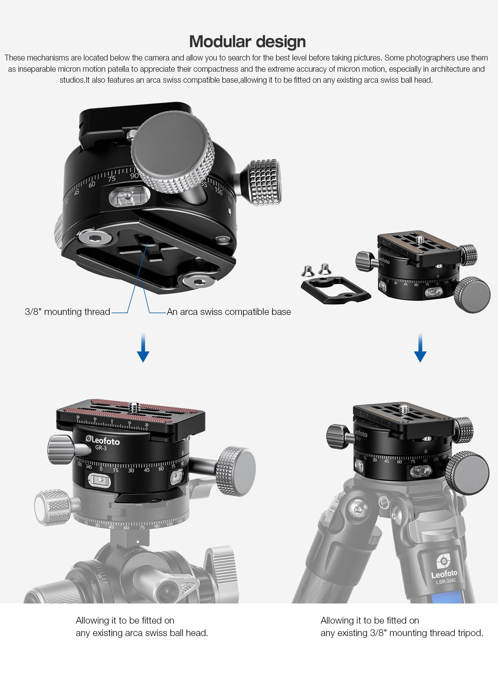 Leofoto GR-3 Geared Panning Adapter | Arca Compatible | Upgraded Extended Precision Knob for Easier Control