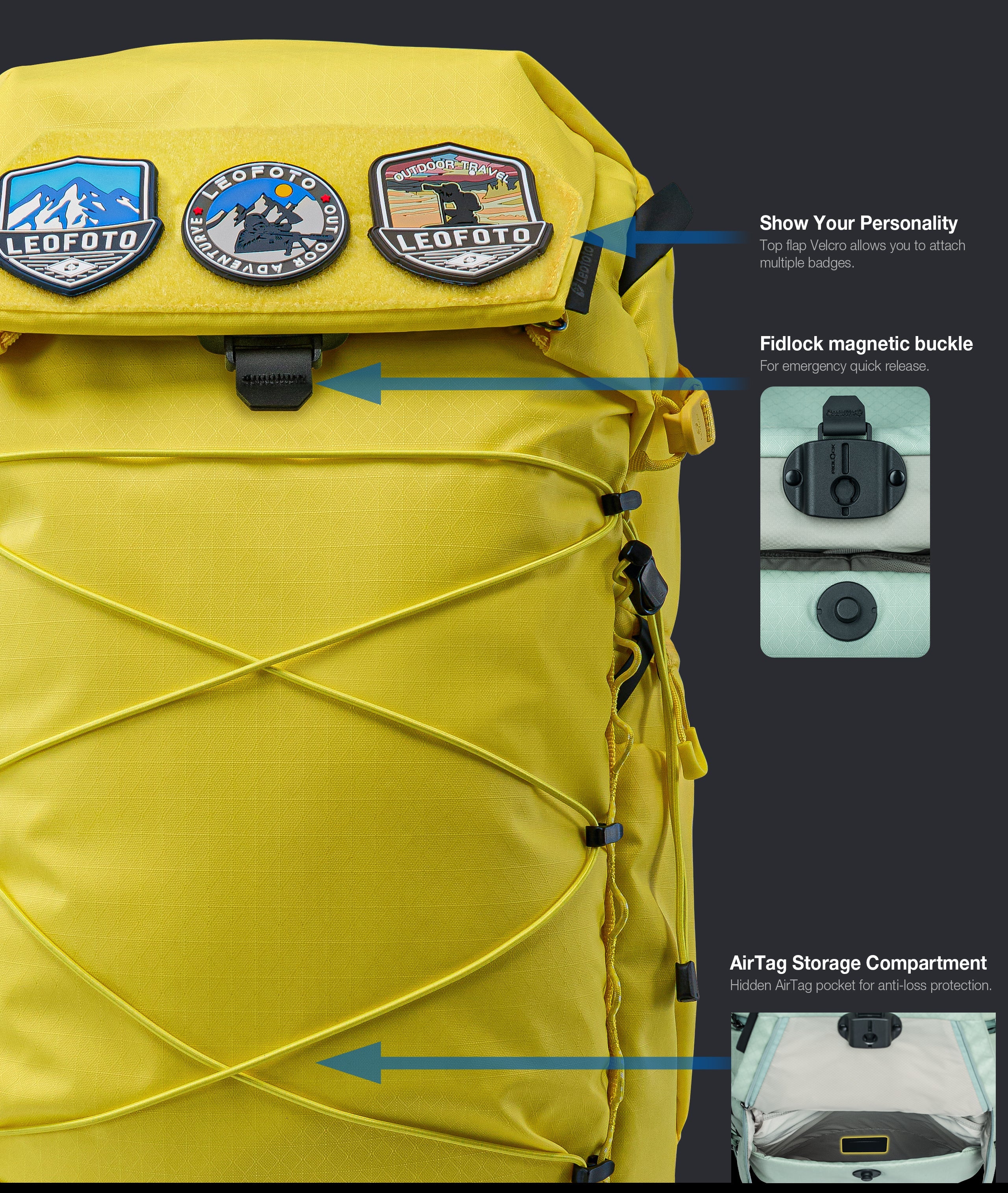 Leofoto 35L All-in-One Travel & Outdoor Camera Backpack (Black / Yellow / Green)