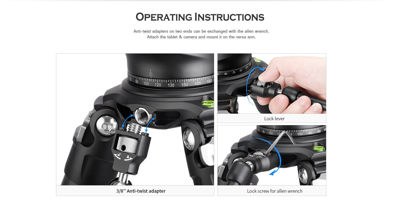 Leofoto AM-3 / AM-4 Kit Versa Magic Arm | Anti-Twist Adapter | 3/8th Mounting Screws