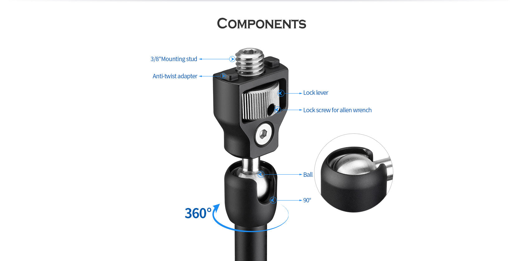 Leofoto AM-3 / AM-4 Kit Versa Magic Arm | Anti-Twist Adapter | 3/8th Mounting Screws