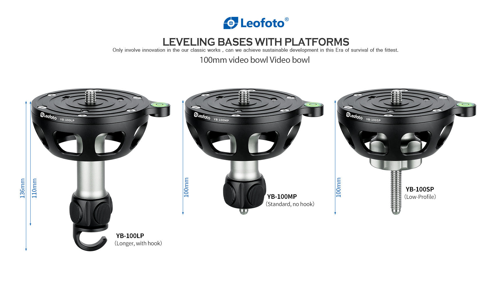 Leofoto YB-100LP / YB-100MP / YB-100SP | Leveling Base with Handle for 100mm Bowl | 3/8"