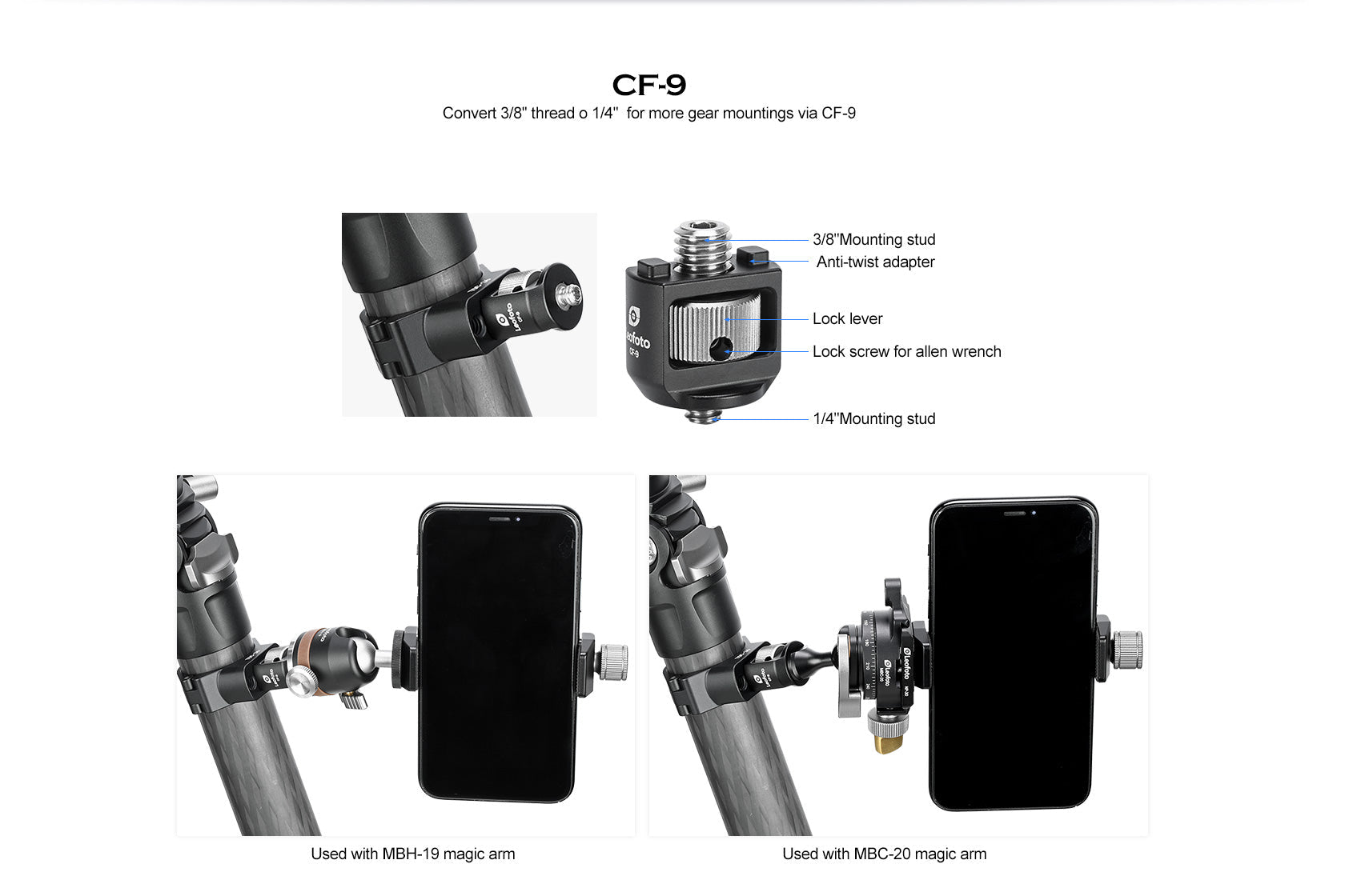 Leofoto TDC-22/ TDC-25/ TDC-28/ TDC-32/ TDC-36/ TDC-40 + CF-9 Tripod Threaded Leg Collar with 3/8" Screw Stud