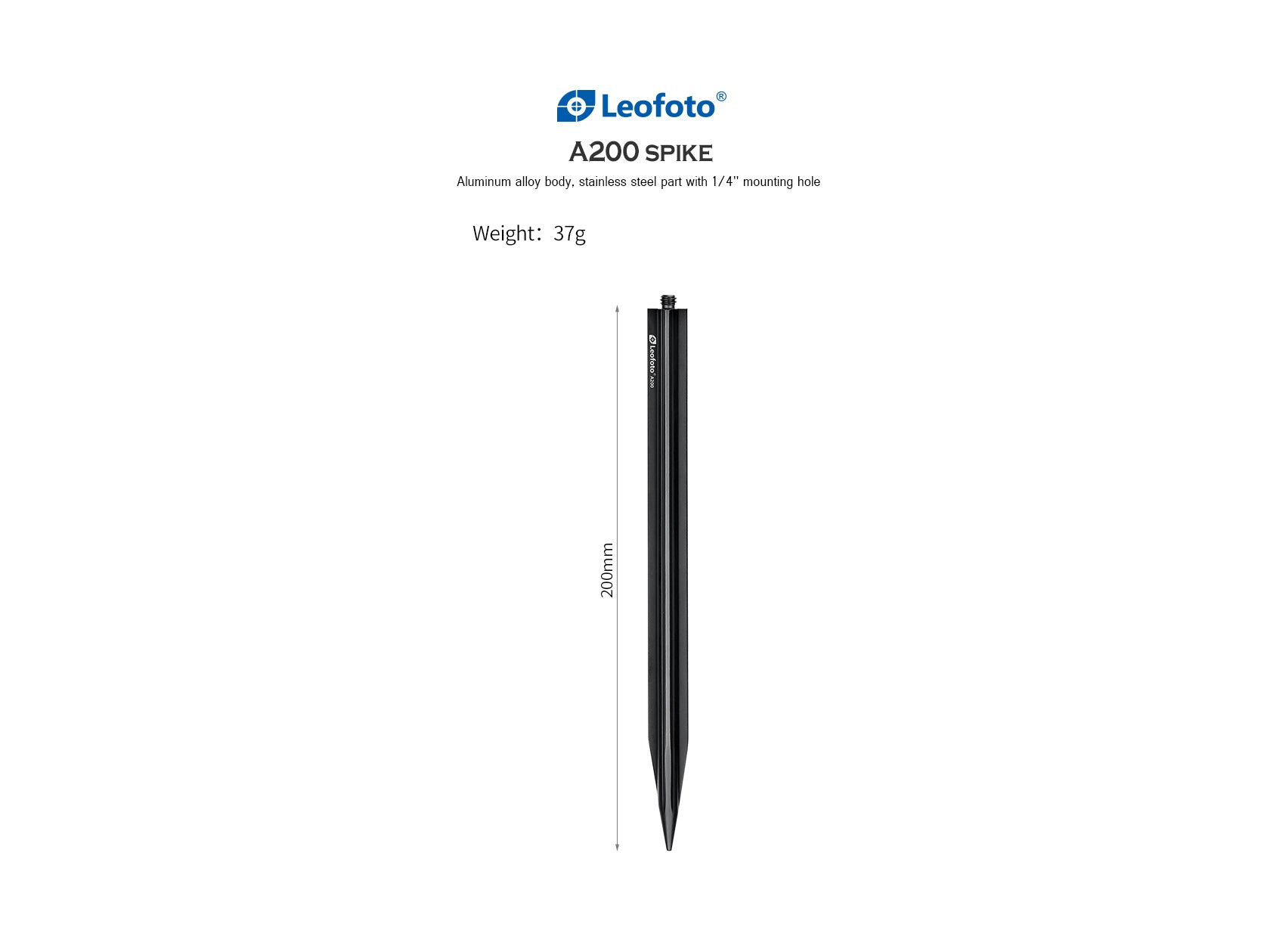 Leofoto A200 8" Ground Mount Spike w 1/4" Screw