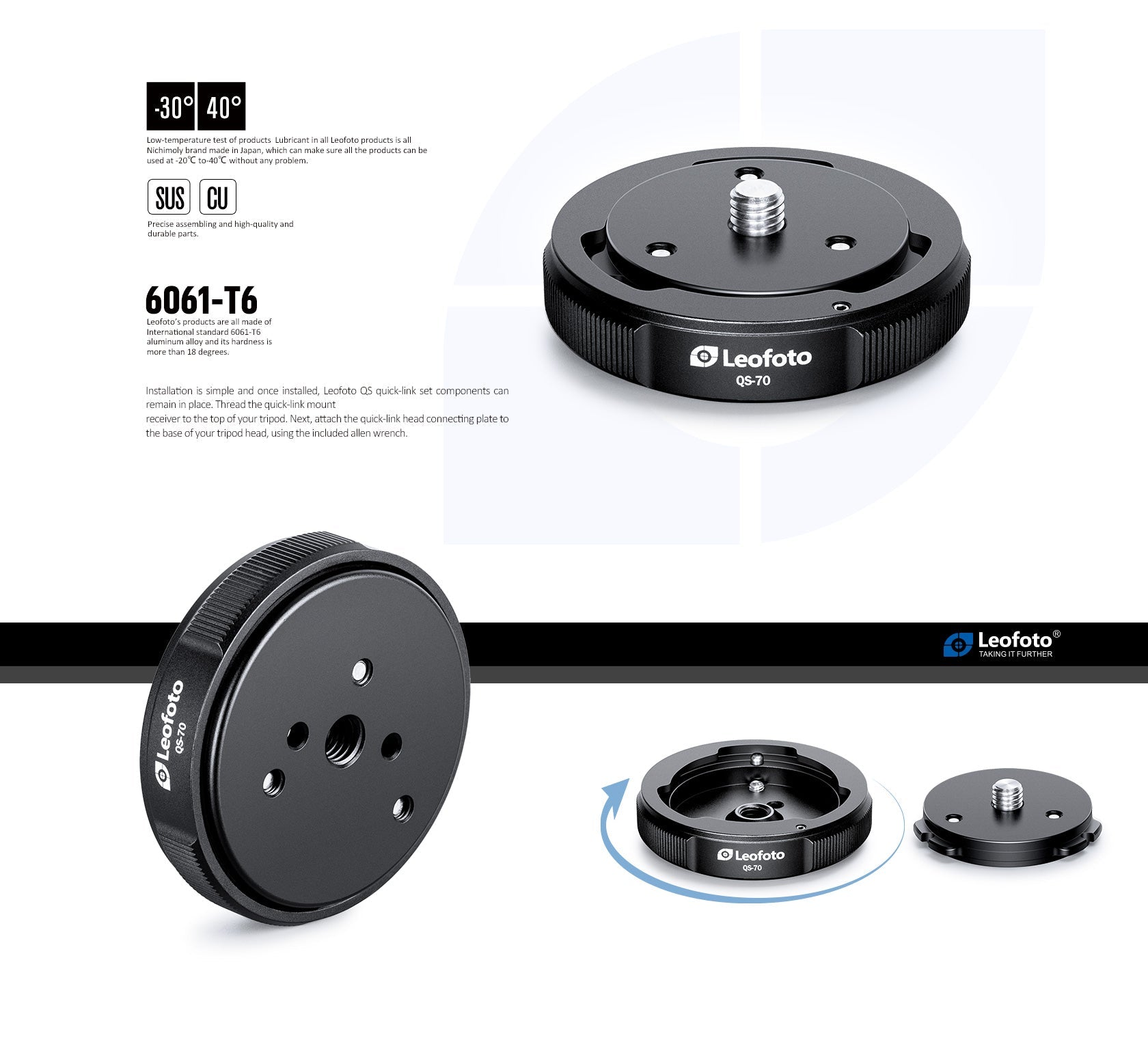 Leofoto QS-70M: x1 QS-70 Receiver Base and 2 x Q70 Connecting Plates, Ballhead Quick-Link System 3/8"