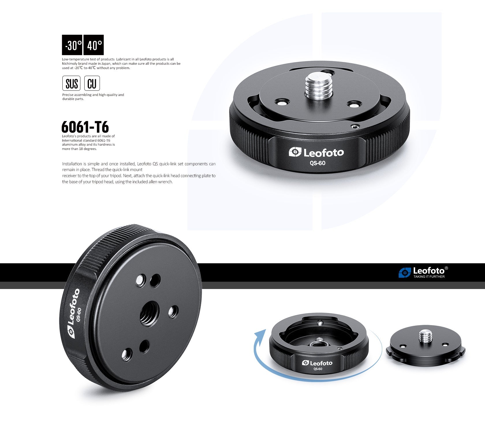 Leofoto QS-60M: x1 QS-60 Receiver Base and x2 Q60 Connecting Plates, Ballhead Quick-Link System 3/8"