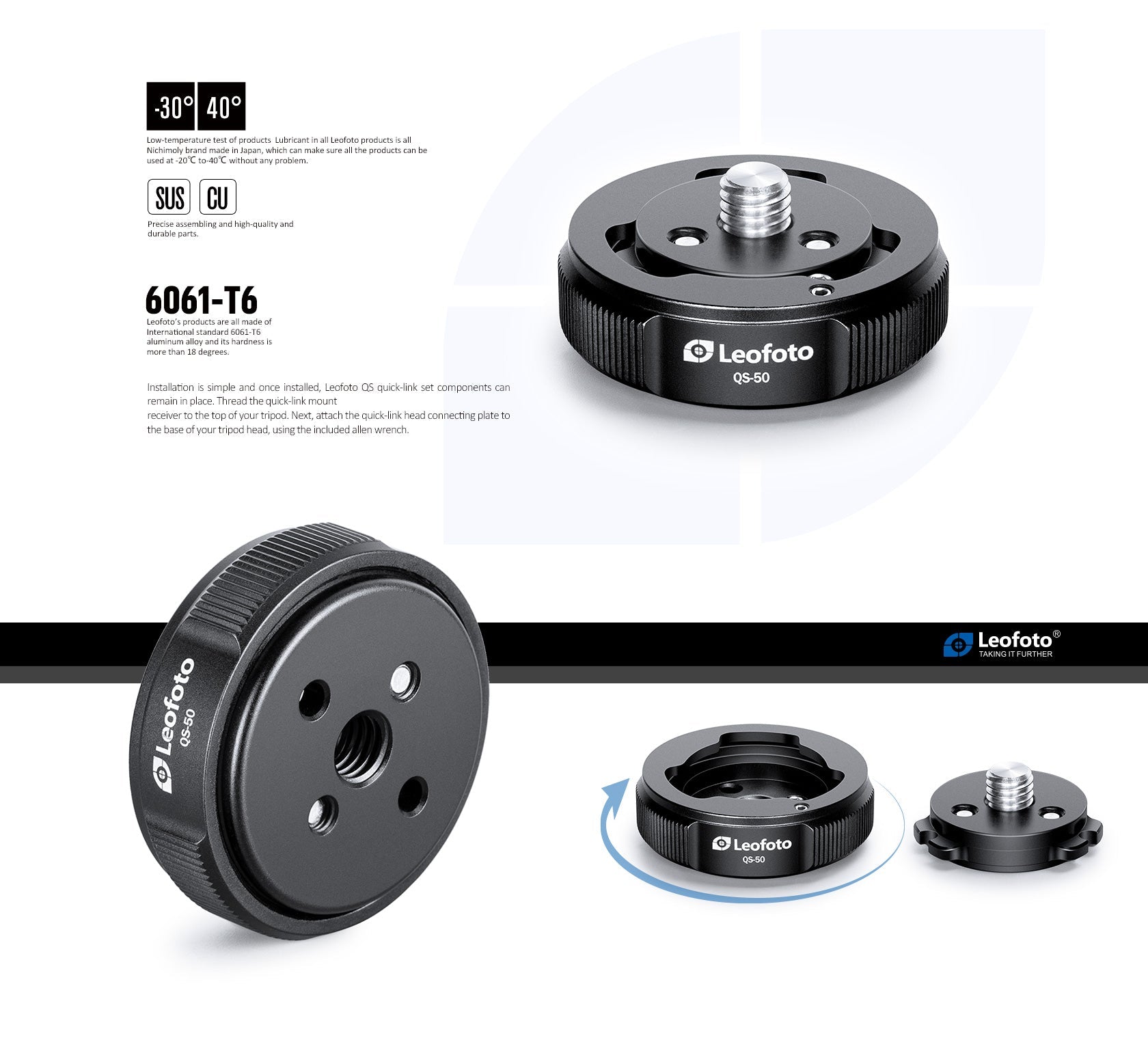 Leofoto QS-50M: x1 QS-50 Receiver Base and x2 Q50 Connecting Plates, Ballhead Quick-Link System 3/8"