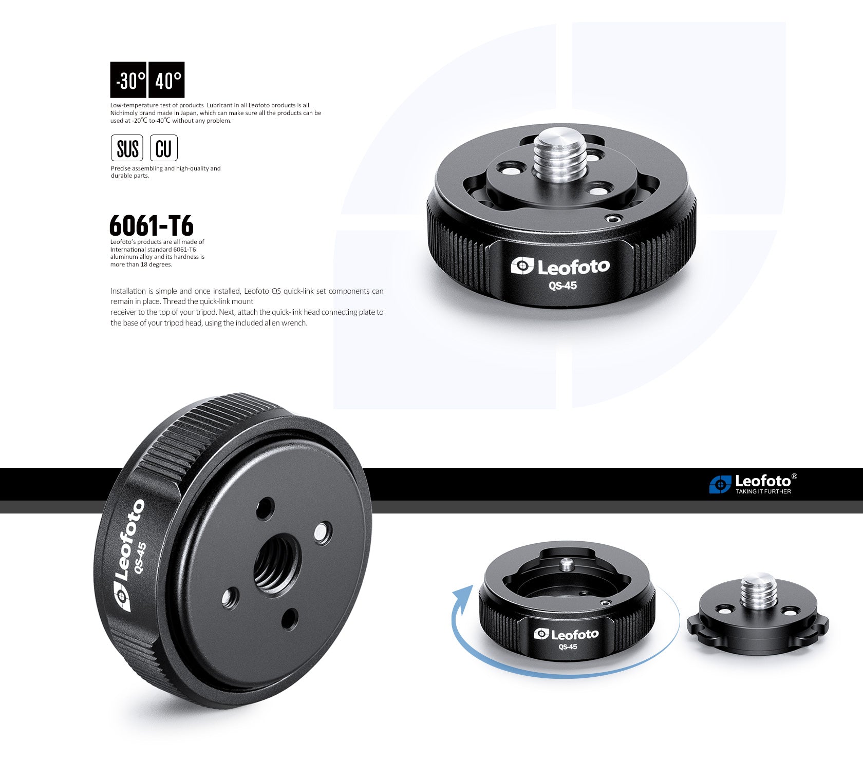 Leofoto QS-45M: x1 QS-45 Receiver Base and x2 Q45 Connecting Plates, Ballhead Quick-Link System 3/8"