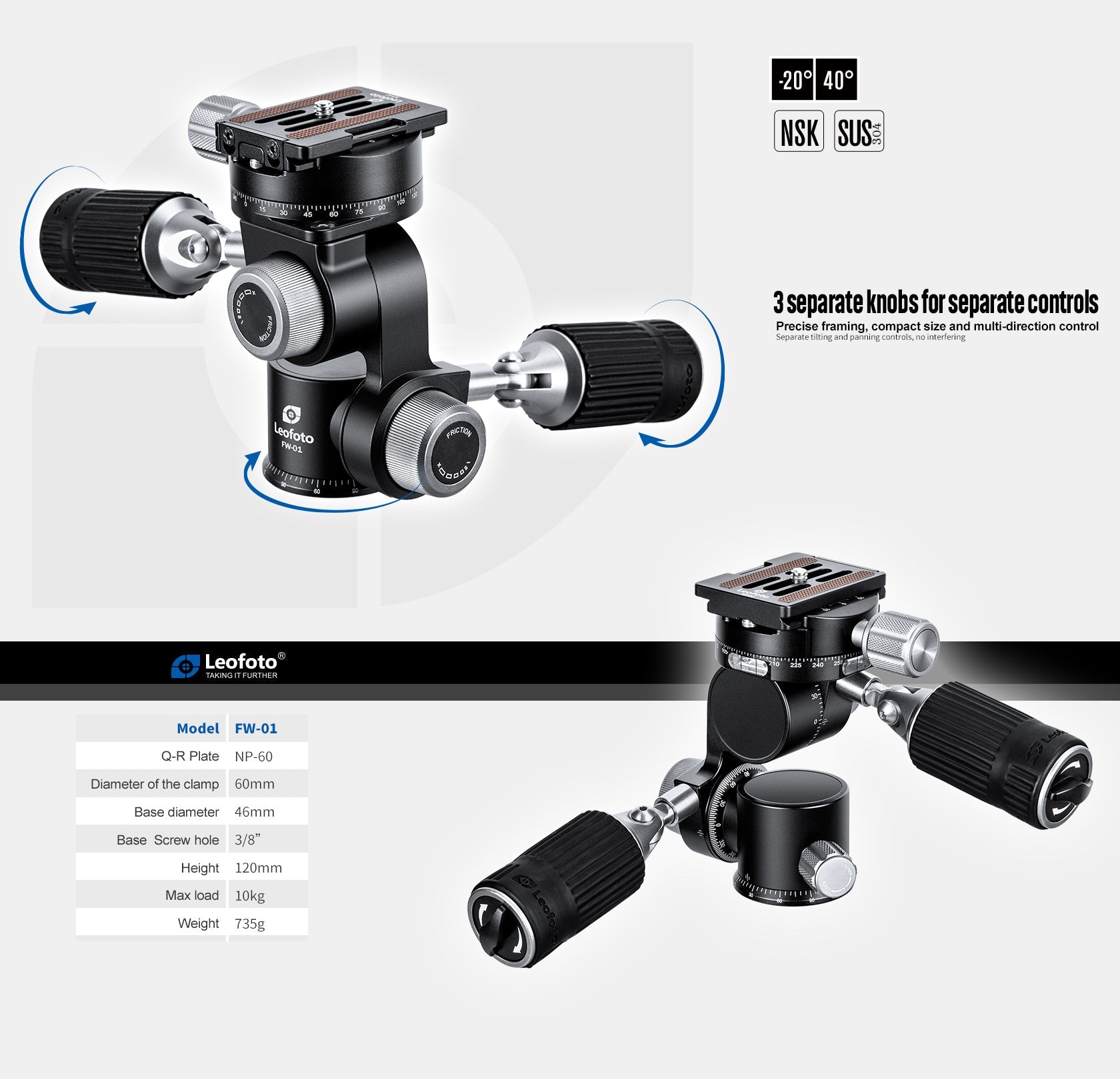 Leofoto FW-01 Professional Pan-and-Tilt 3-Way Head | Arca Compatible