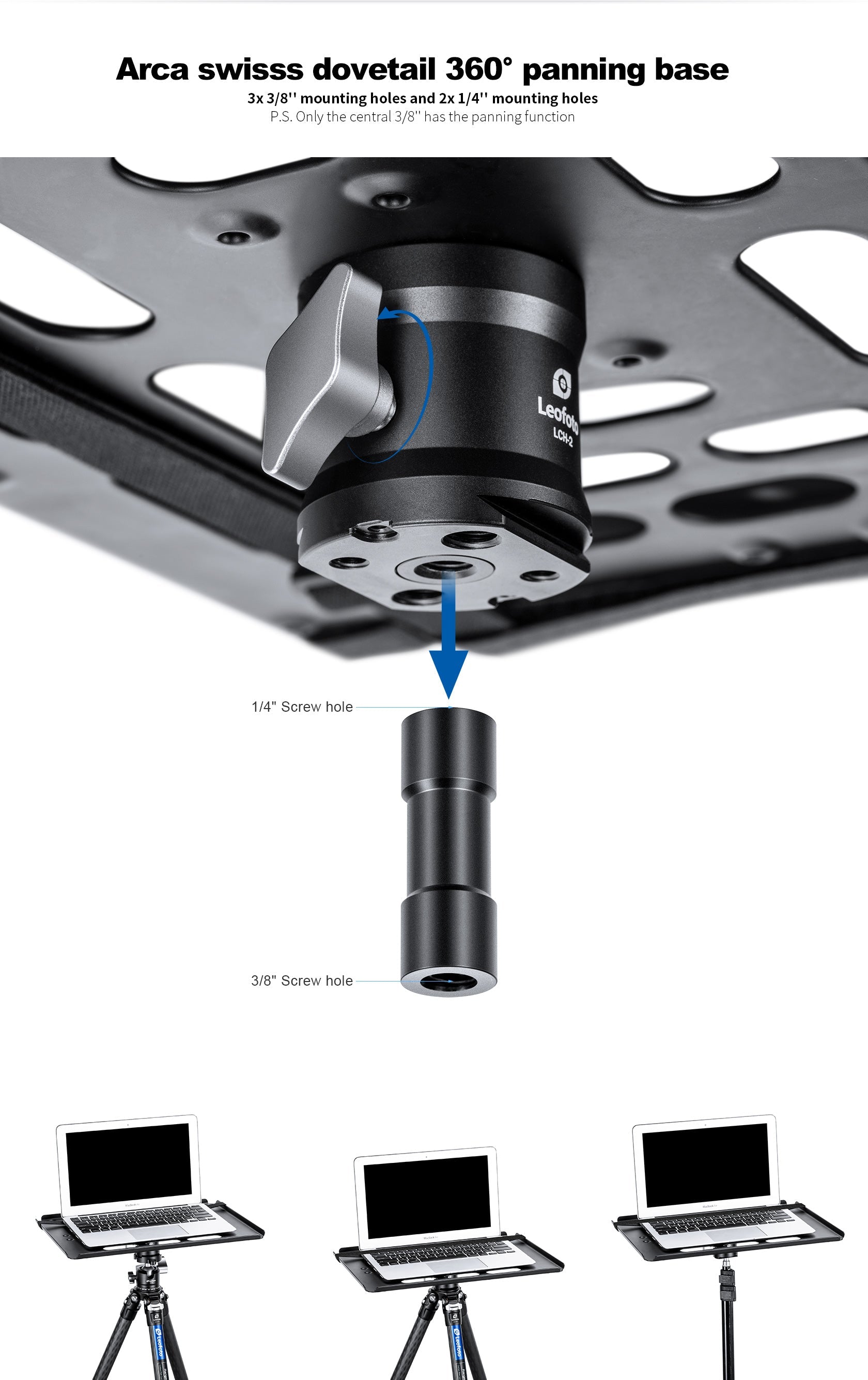 Leofoto LCH-2 16" Laptop / Projector Tray / Combined with Tripod 3/8" &1/4" Mounting Sockets / Arca Swiss Dovetail Panning Base