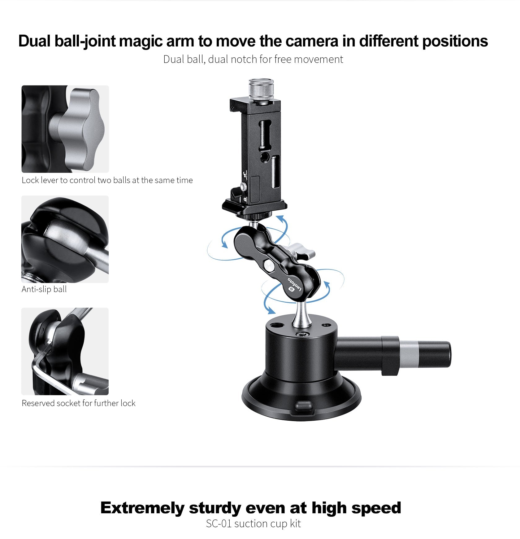 Leofoto SC-01 + PC-90II + Versa Arm Suction Mounting Kit | 1/4" Screw |Max Load: 55lb (25kg)