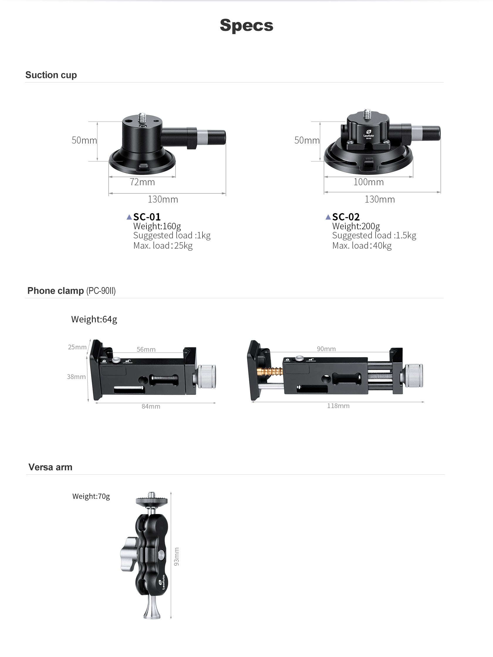Leofoto SC-01 + PC-90II + Versa Arm Suction Mounting Kit | 1/4" Screw |Max Load: 55lb (25kg)