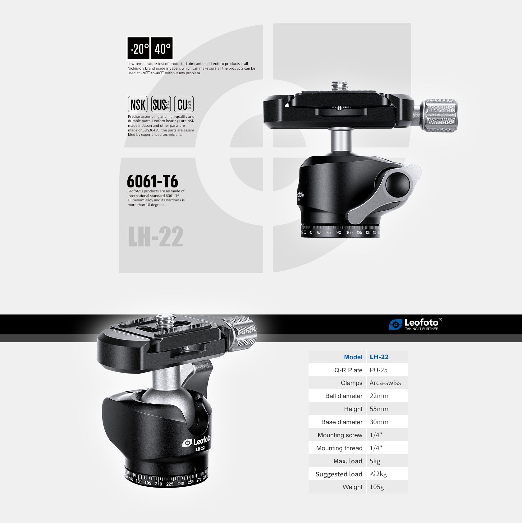 Leofoto LH-22 Mini Ball Head + QR Plate | Arca Compatible | 1/4"
