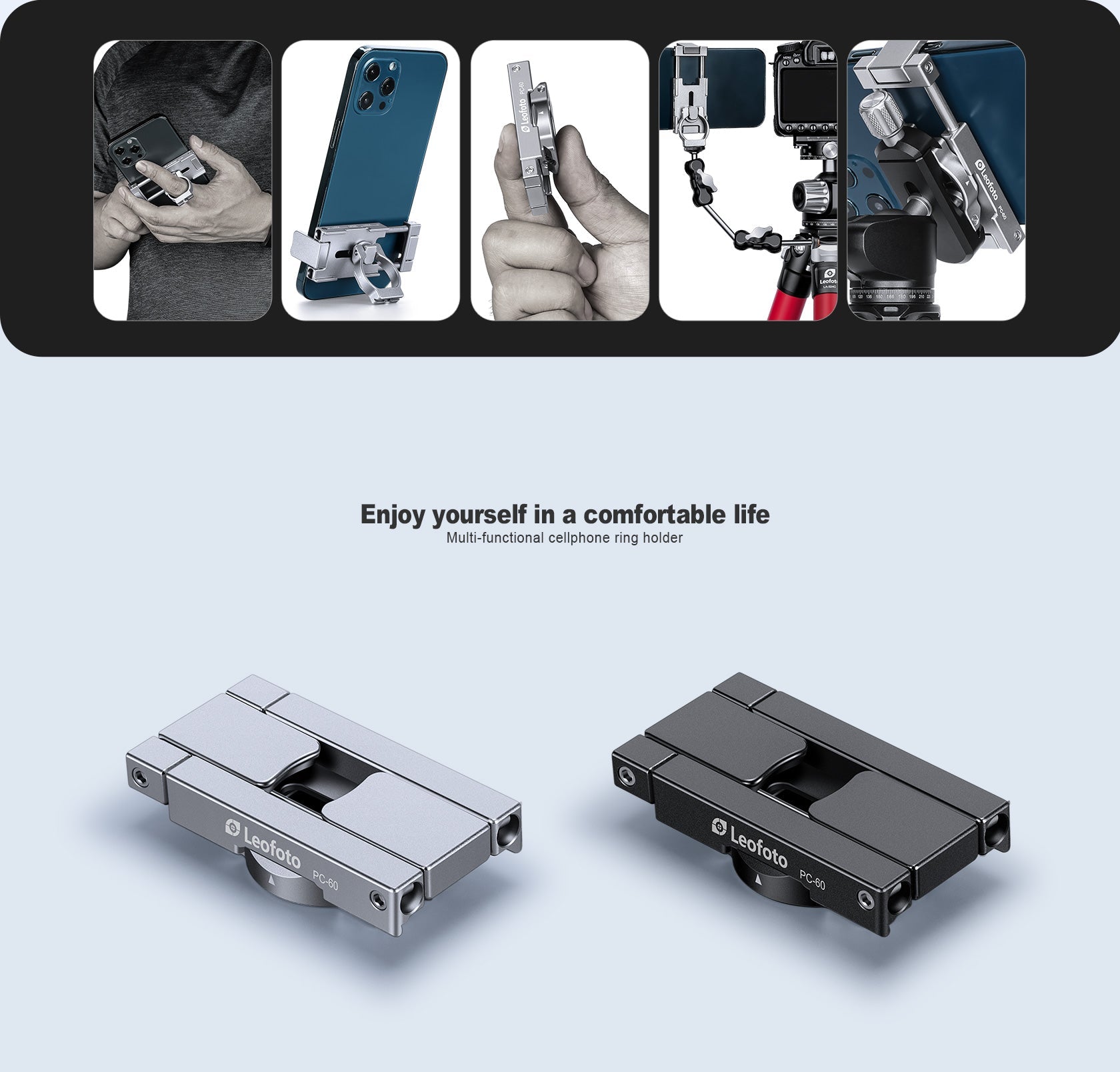 Leofoto PC-60 Mini Smartphone Clamp/Holder/Video/Selfie Stand with Arca-Compatible Dovetail in Black/Silver