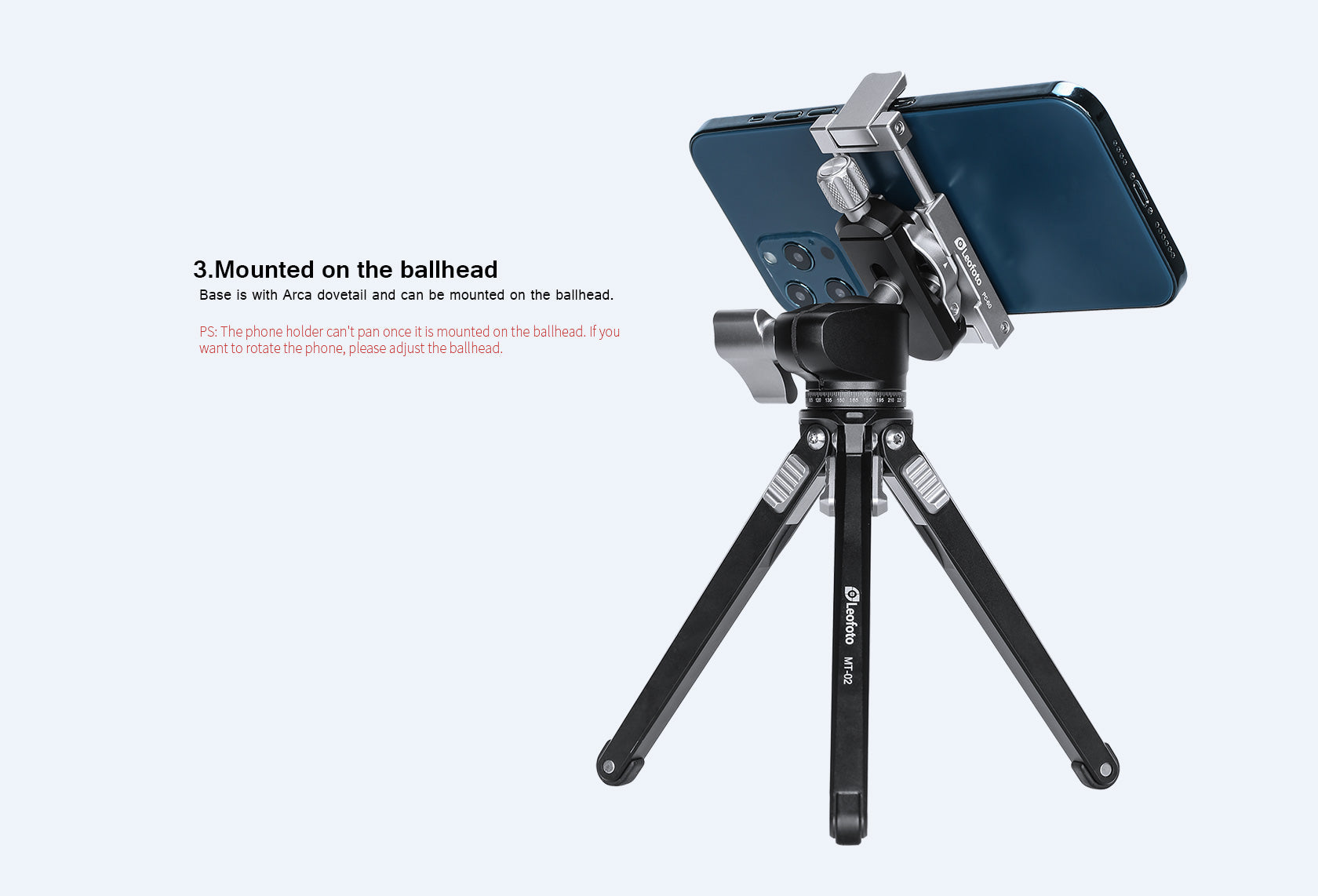 Leofoto PC-60 Mini Smartphone Clamp/Holder/Video/Selfie Stand with Arca-Compatible Dovetail in Black/Silver