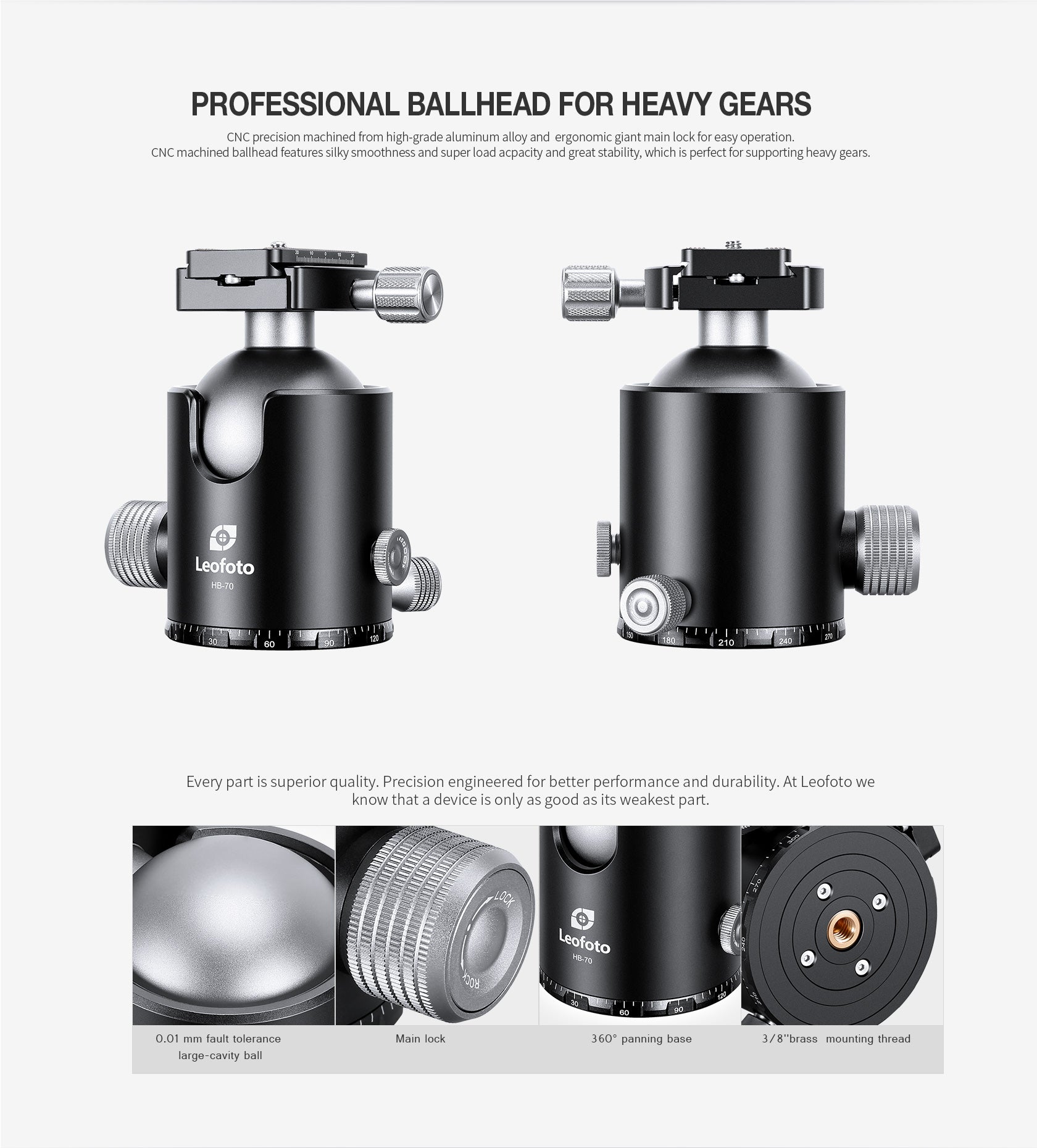 Leofoto HB-70 70mm Pro Heavy-Duty Ball Head with Quick Release Plate & Case | Max Load 88lb
