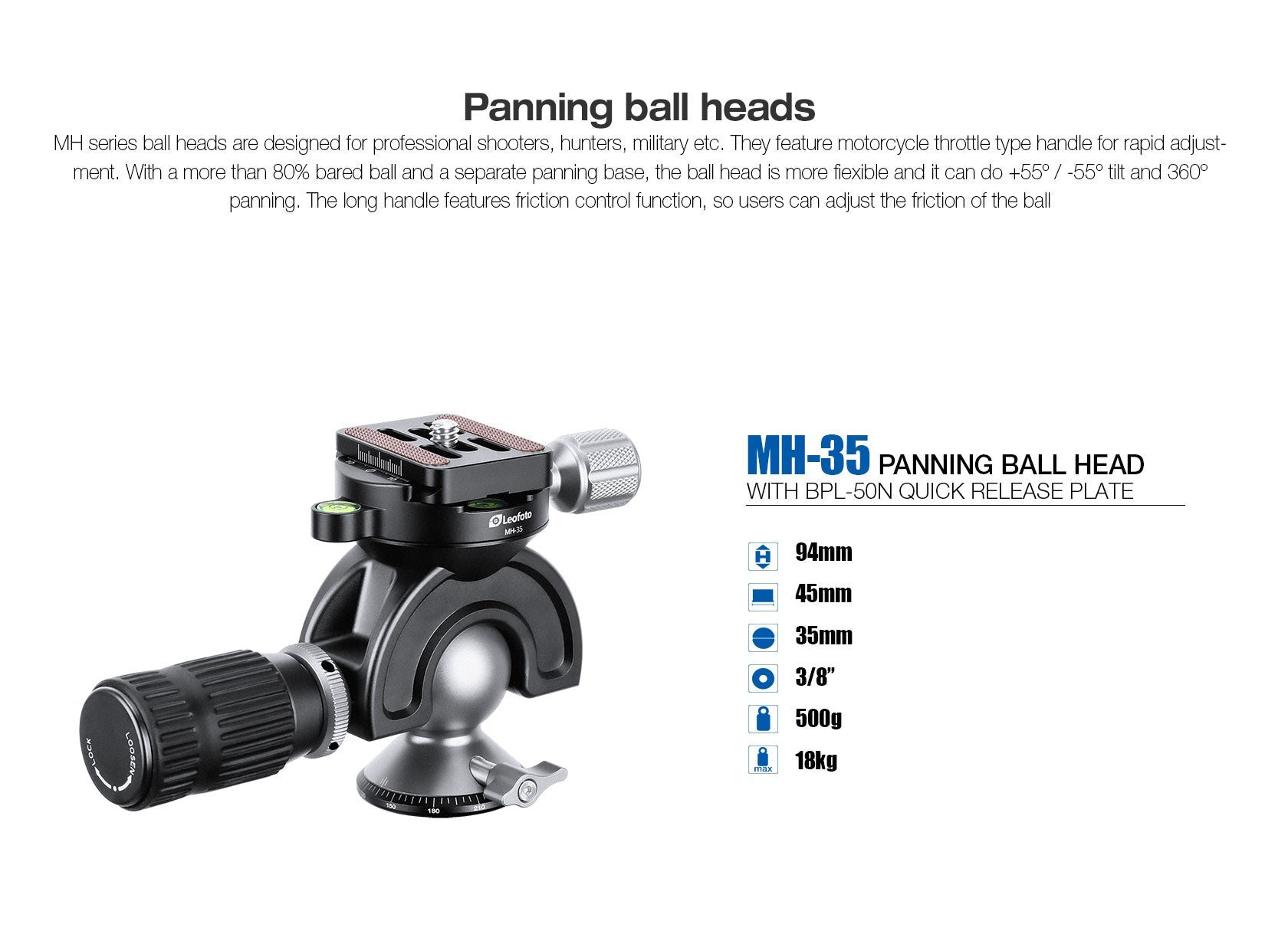 Leofoto MH-35 Full Dynamic Ball Head /w Handlebar Control | Arca Compatible | Ideal for Target Shooting