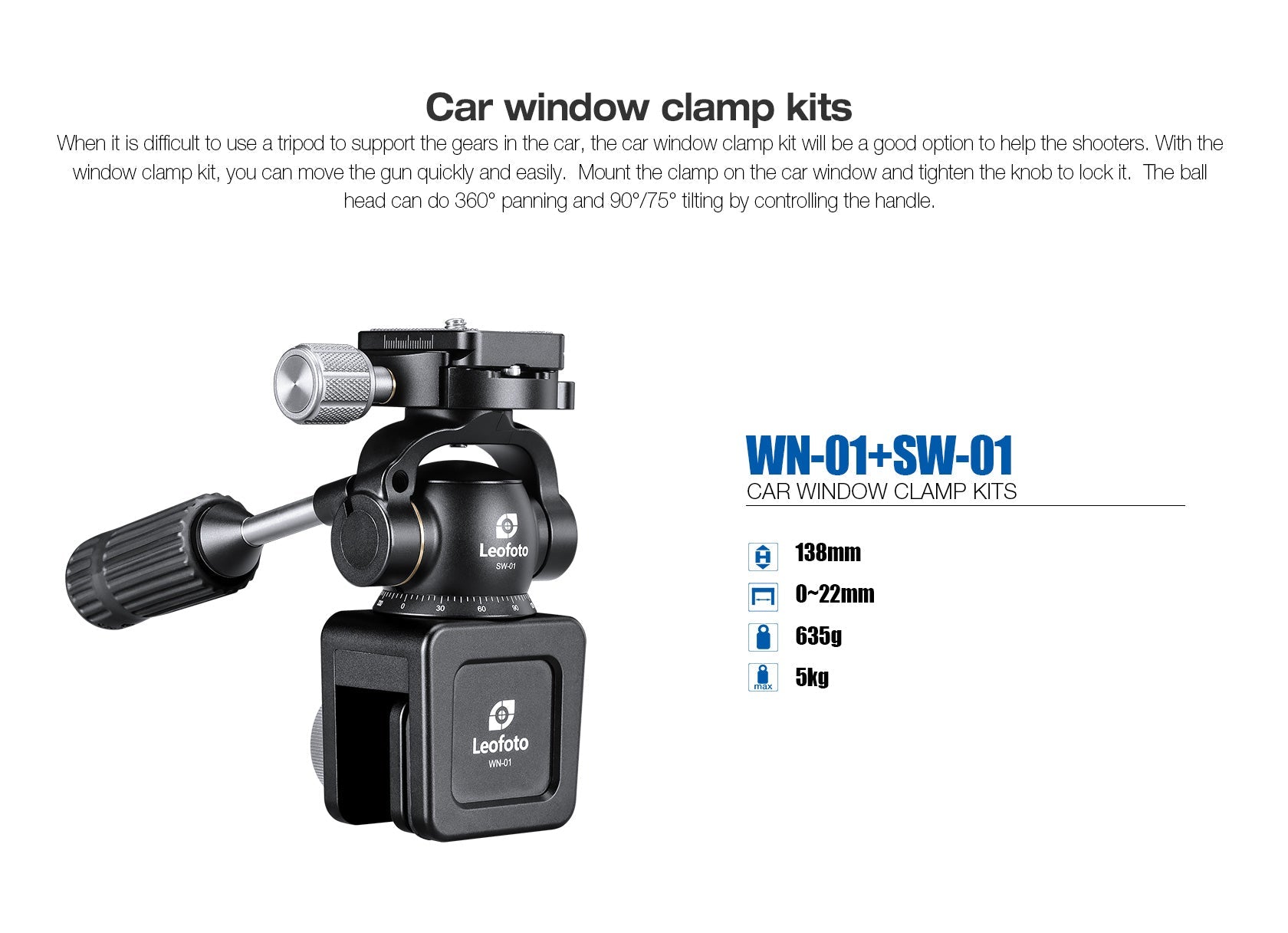 Leofoto WN-01+SW-01 Car Window Clamp Kit/ Windows Mounting Head for Binoculars/ Lens and Camera