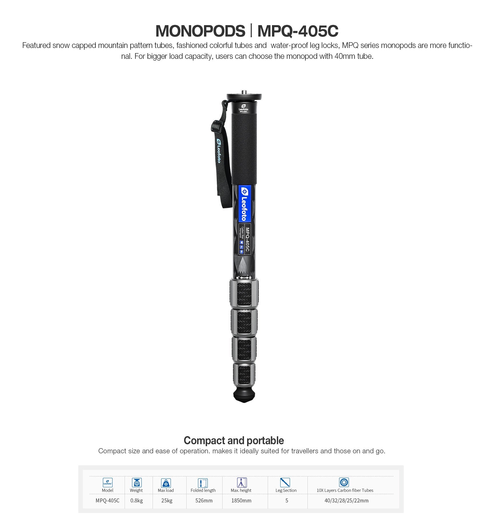 Leofoto MPQ-40 Series Premium Carbon Fiber Monopod with Case | Water-Resistant Legs