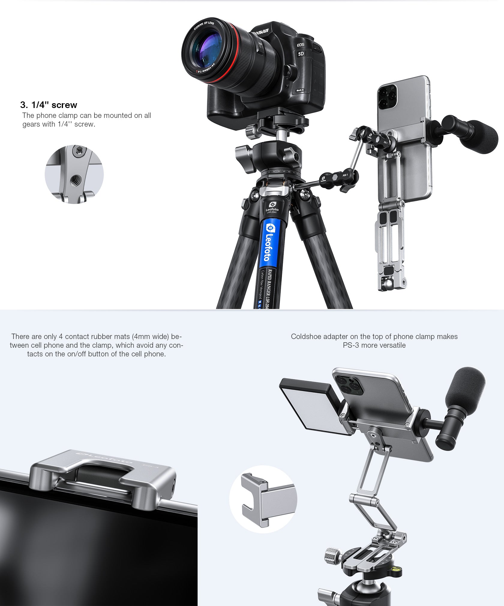 Leofoto PS-4 Multi-functional Foldable Cellphone Stand with Arca-Compatible Dovetail and Cold Shoe Mount