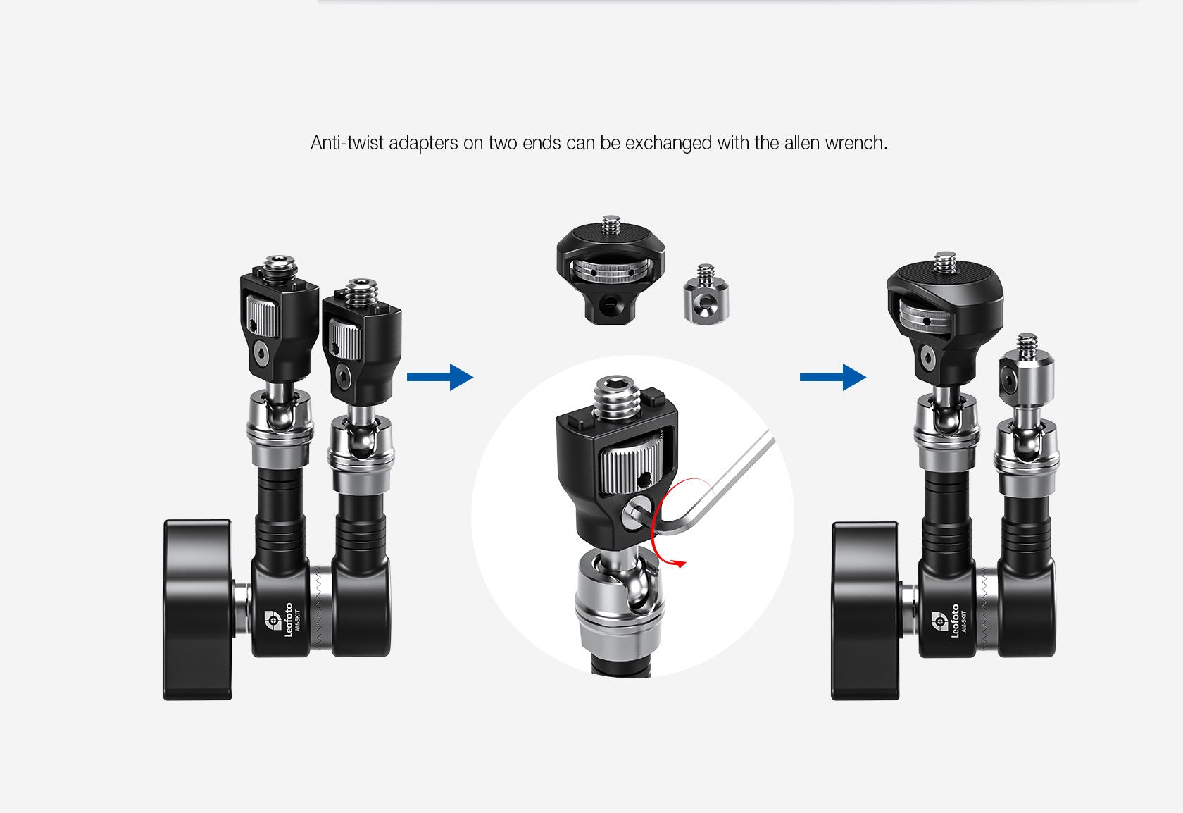 Leofoto AM-5 / AM-6 Kit Versa Magic Arm "Heavy-Duty" | Anti-Twist Adapter | 1/4th and 3/8" Mounting Screws