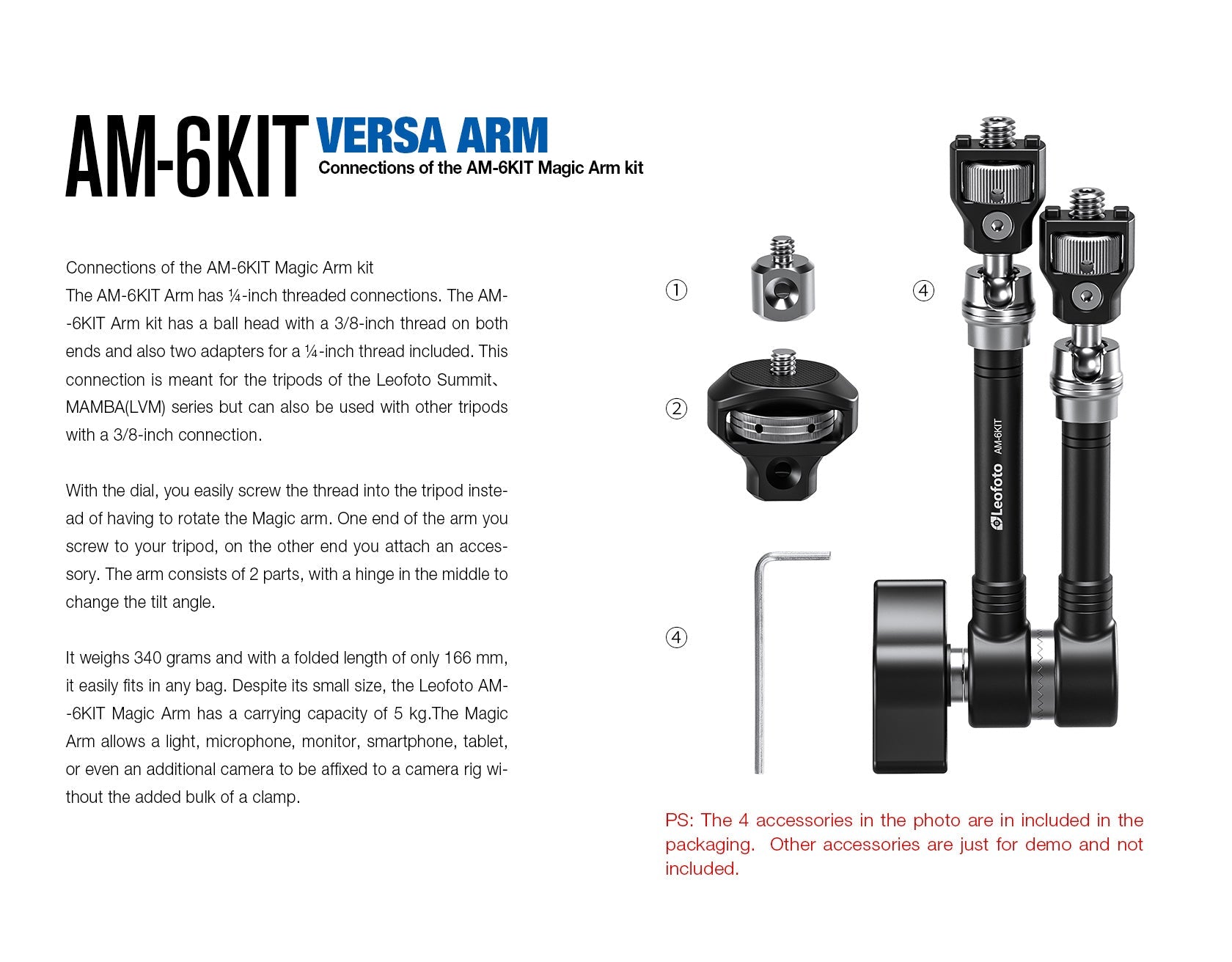 Leofoto AM-5 / AM-6 Kit Versa Magic Arm "Heavy-Duty" | Anti-Twist Adapter | 1/4th and 3/8" Mounting Screws