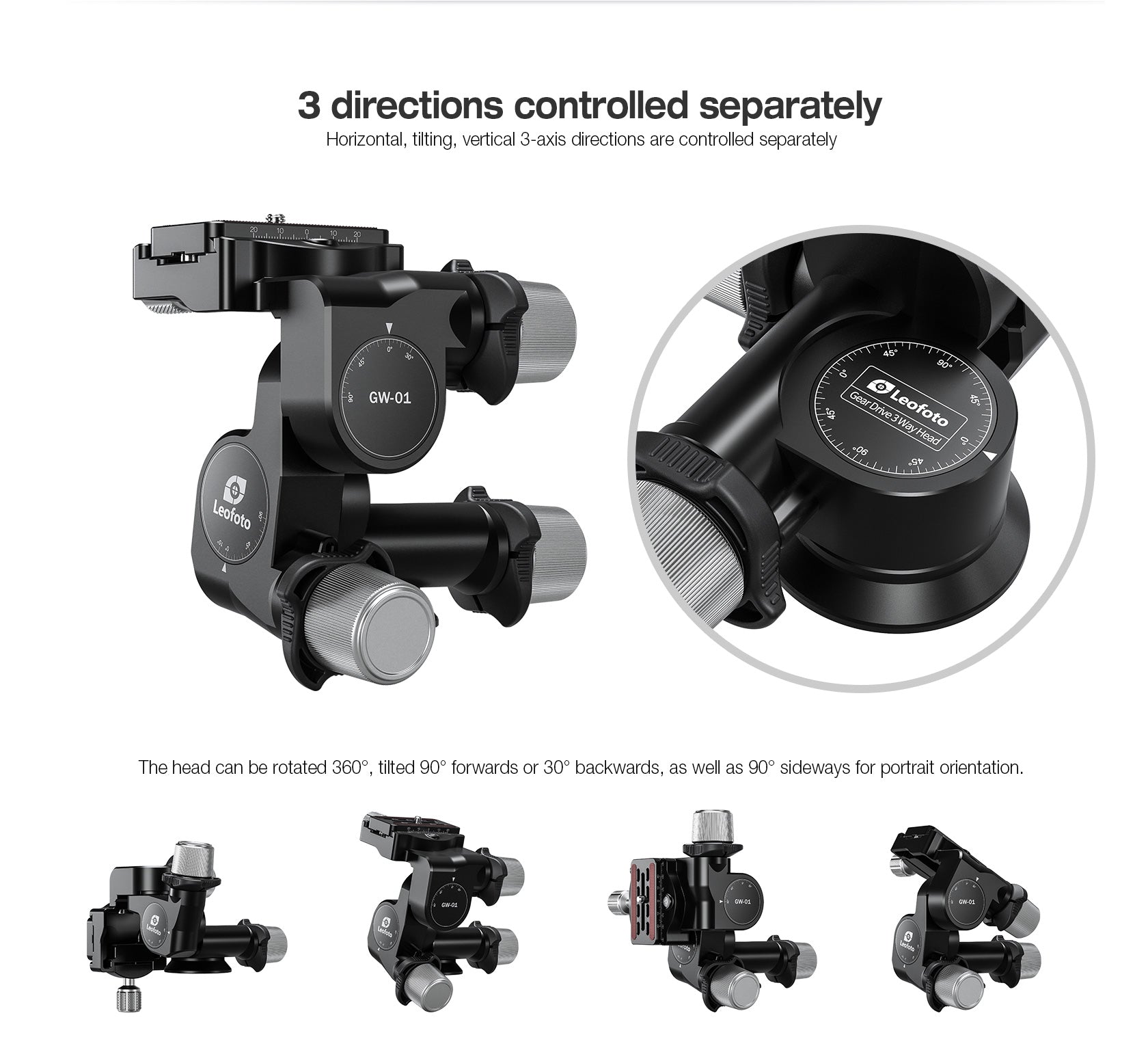 Leofoto GW-01 3-Way Geared Head with QR Plate | Arca Compatible