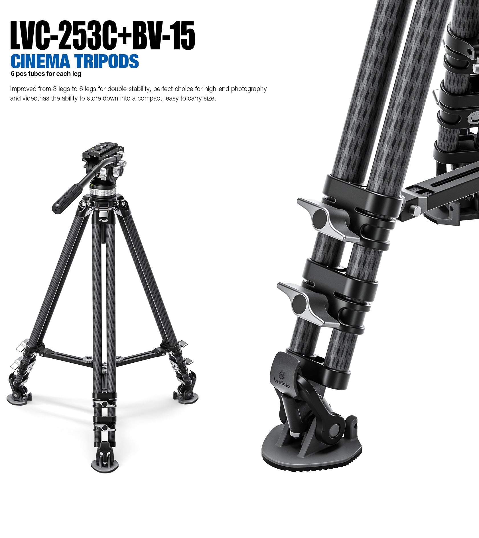 Leofoto LVC-253C+BV-15 Dual-Tube Video Tripod with Fluid Head Set  | 75mm Integrated Bowl with Leveling Base and Handle
