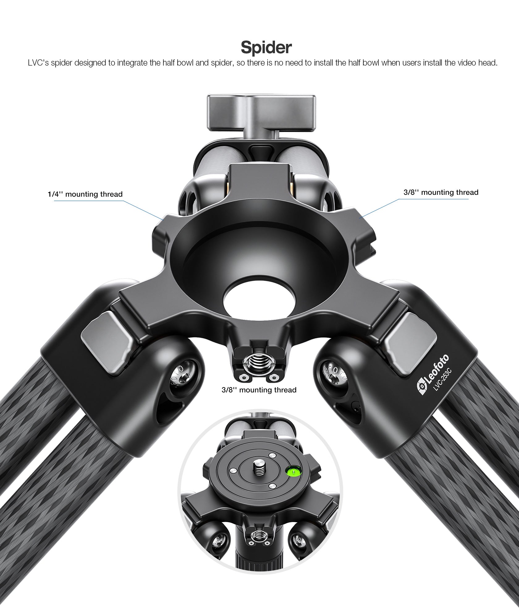 Leofoto LVC-253C+BV-20 (Lever-Release Clamp) Dual-Tube Video Tripod with Fluid Head Set  | 75mm Integrated Bowl with Leveling Base and Handle