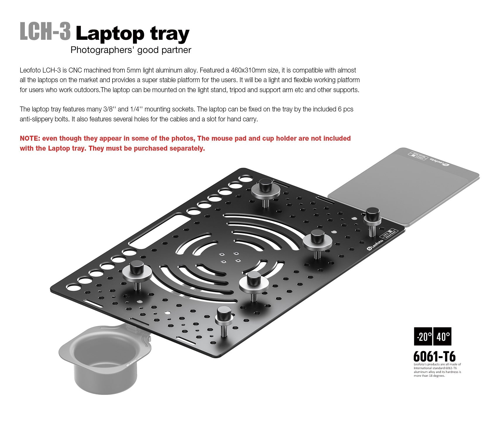Leofoto LCH-3/LCH-3S Ultimate Laptop Tray (Tray Only) | 1/4" and 3/8" Compatible