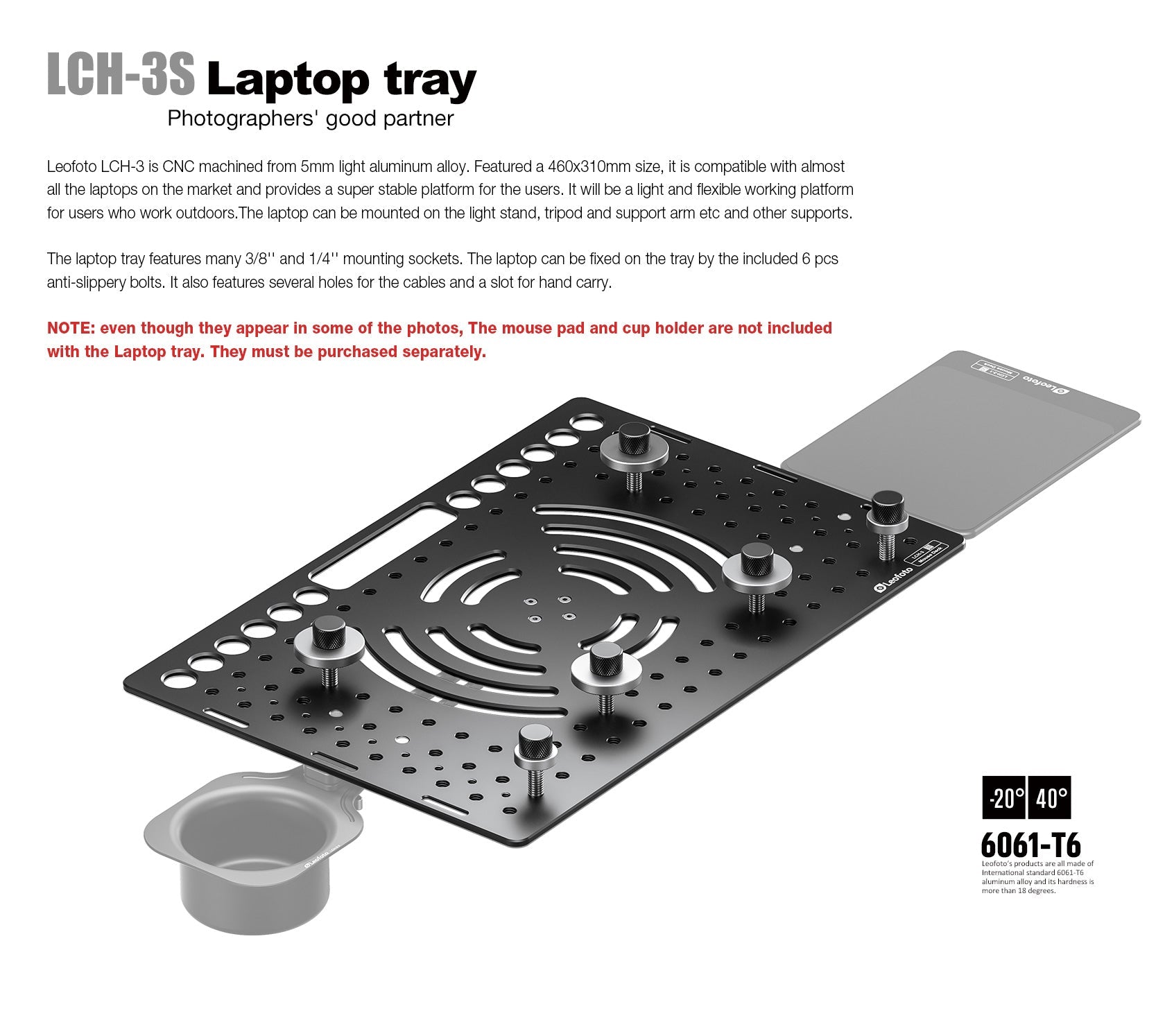 Leofoto LCH-3/LCH-3S Ultimate Laptop Tray (Tray Only) | 1/4" and 3/8" Compatible