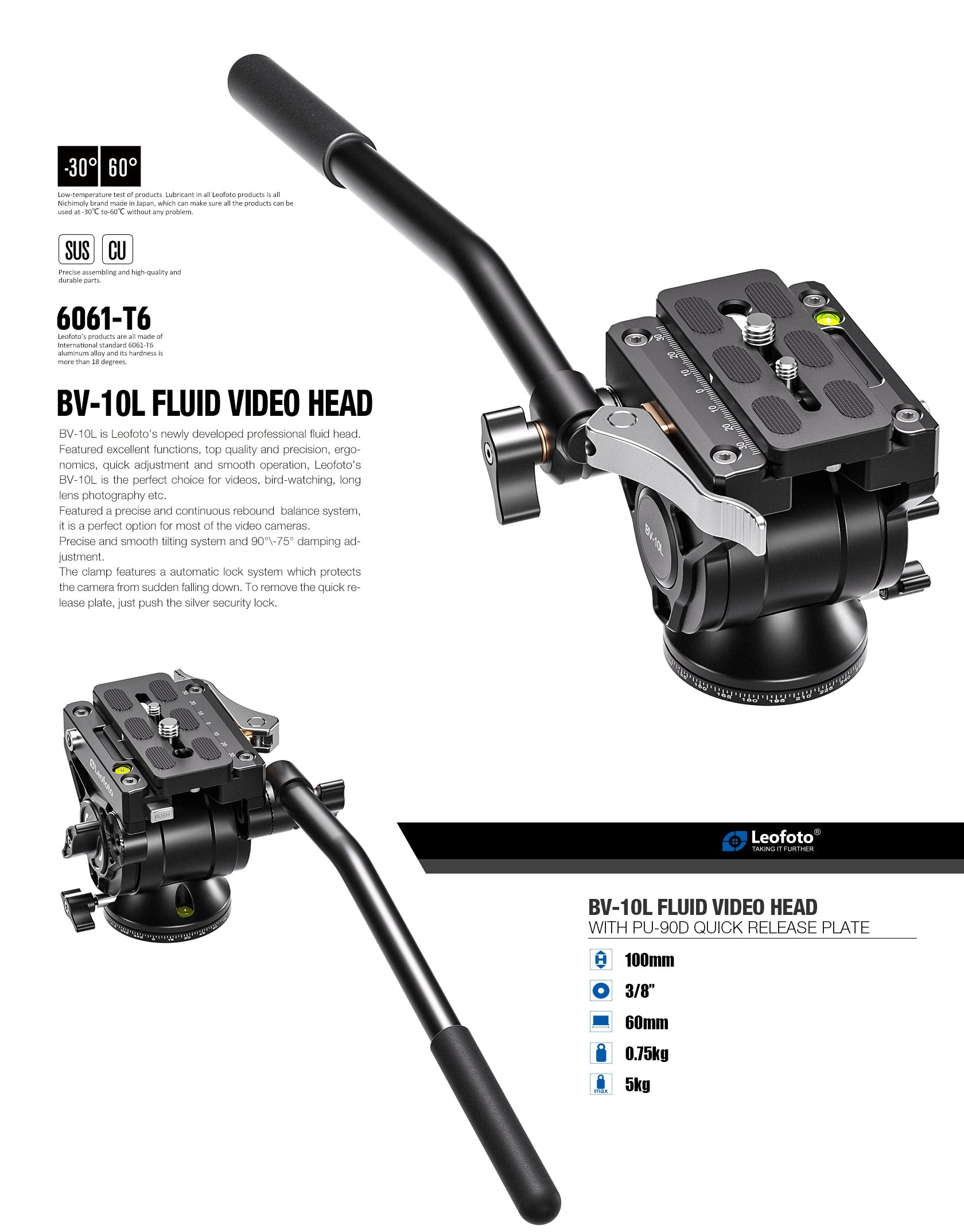 Leofoto BV-10 (Knob Clamp) / BV-10L (Lever-Release Clamp) Fluid Video Head - Arca Standard