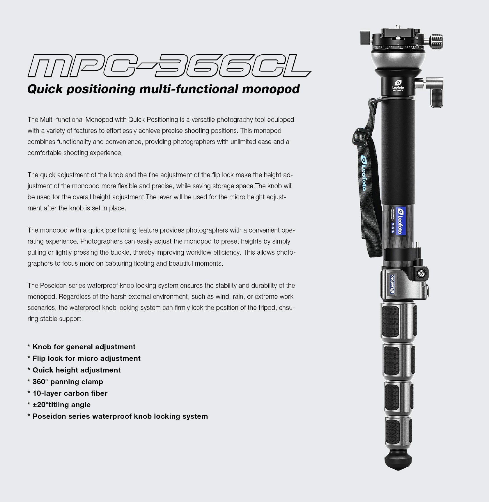 Leofoto MPC Series Quick Positioning Multi-Functional Monopod | Water-Resistant