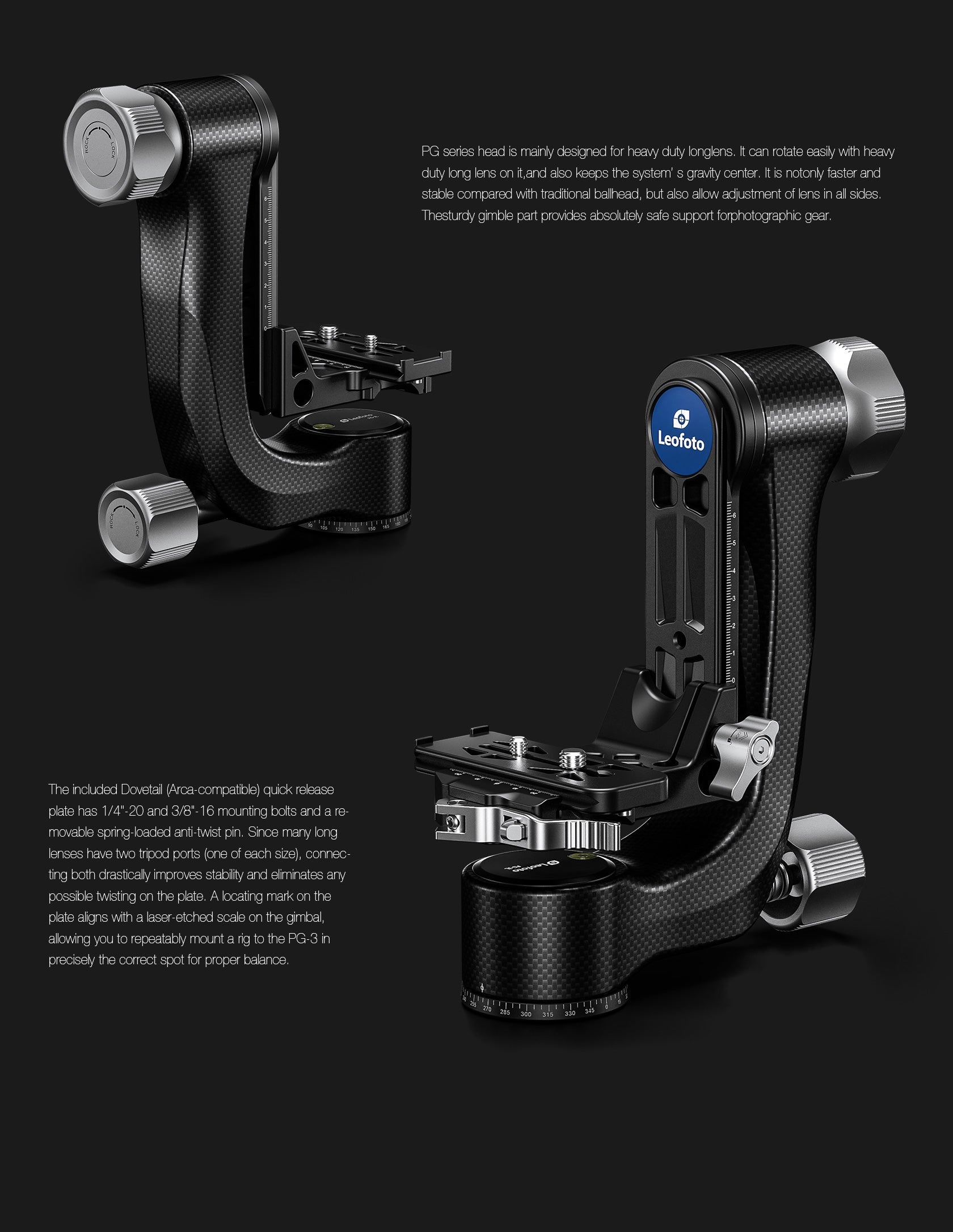Leofoto PG-3L (Lever-Release Clamp) Carbon Fiber Gimbal Head