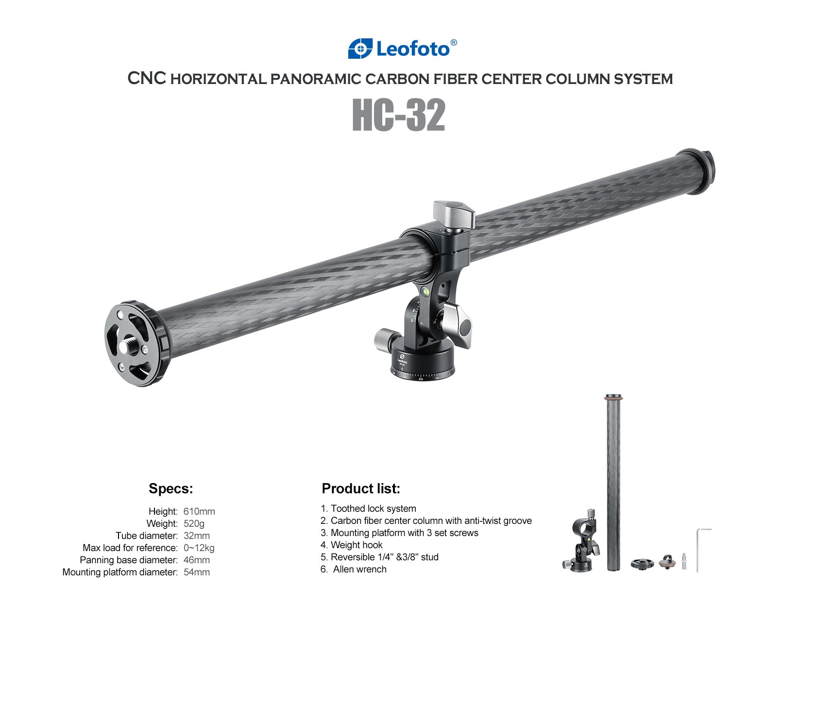 Leofoto HC-28/ HC-32/ HC-32Kit Carbon Fiber Horizontal Panoramic Tripod Center Column