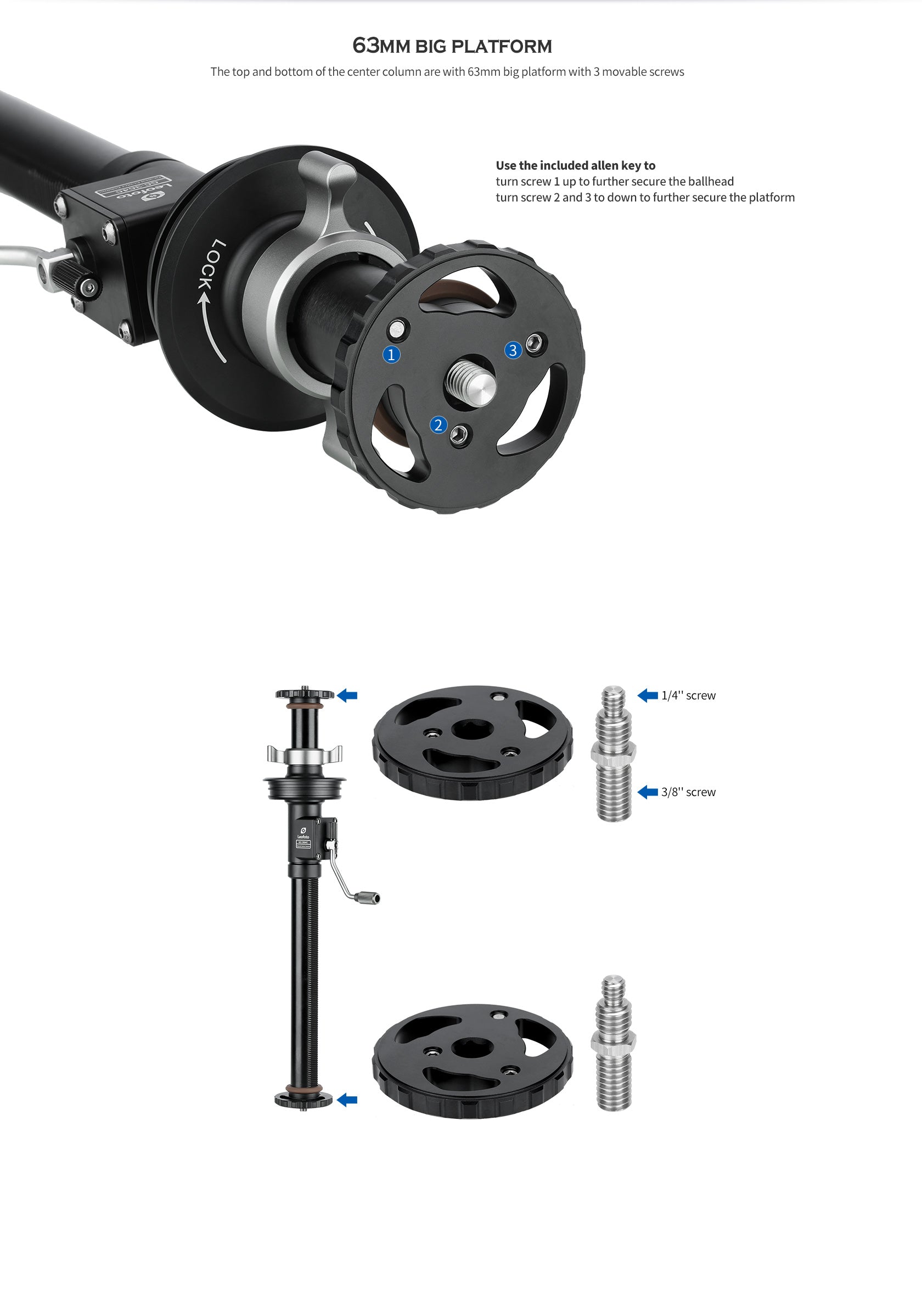 Leofoto GC-364C/ GC-404C Geared Center Column for 75mm/100mm Bowl Tripods